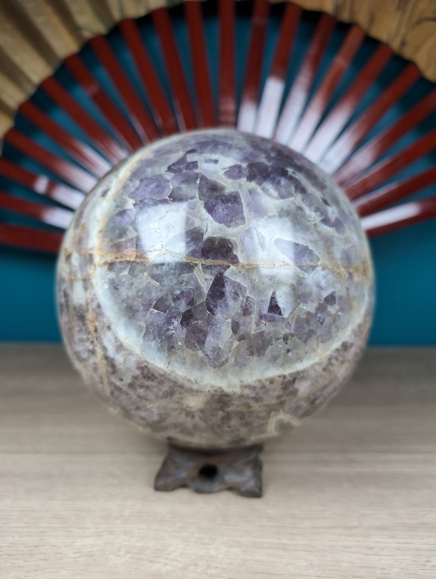 Polished Smokey Flower Chevron Amethyst Sphere 5485g featuring rich purple colour and natural clarity - Positive Faith Hope Love