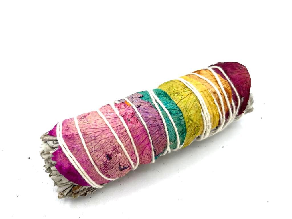 Polished Smudge Stick - 7 Chakras Rose Petals Sage 10 cm (Chakra) featuring natural patterning and unique variations - Positive Faith Hope Love