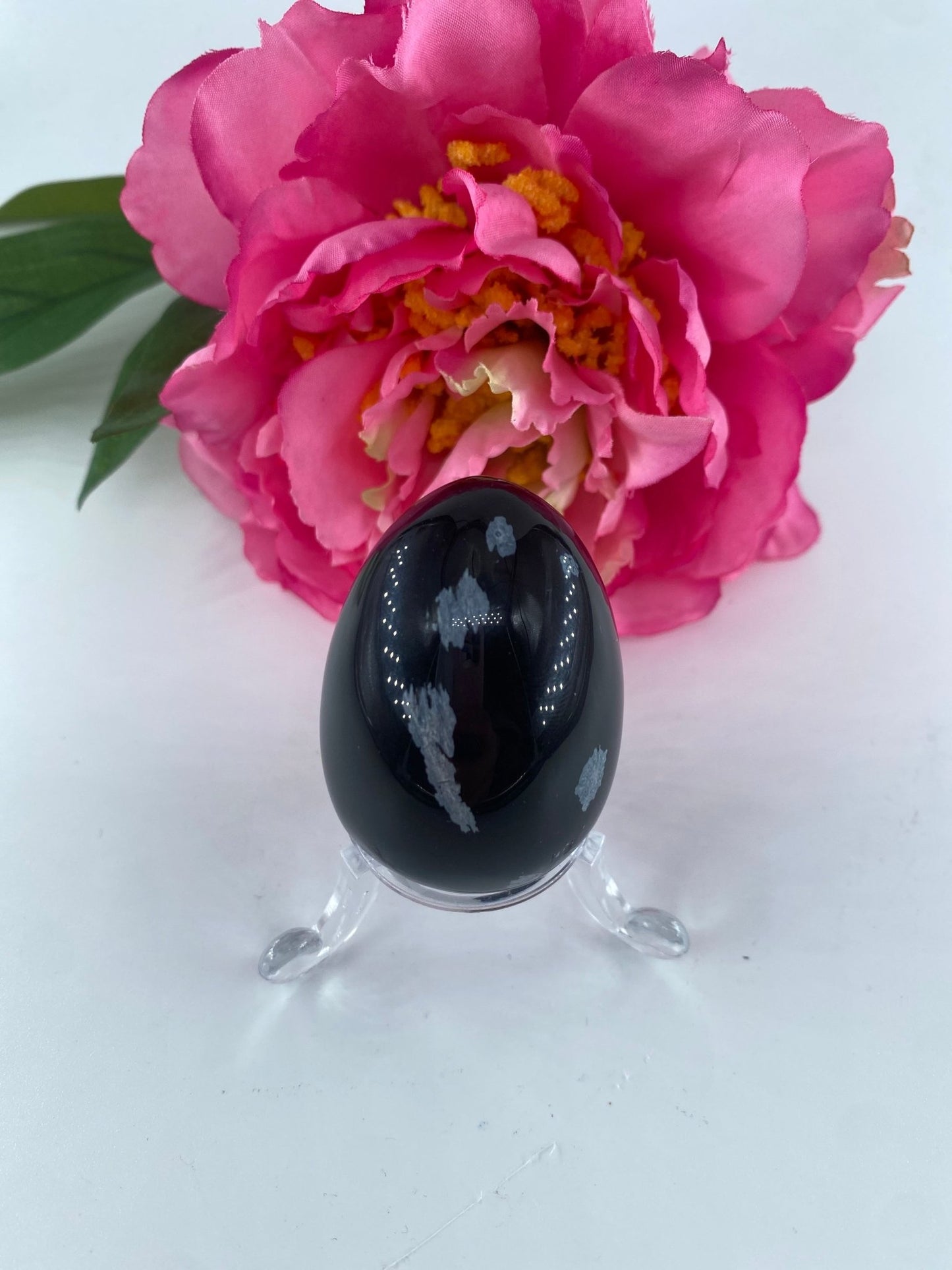 Polished Snowflake obsidian Crystal Egg featuring black base with grey snowflake patterns - Positive Faith Hope Love