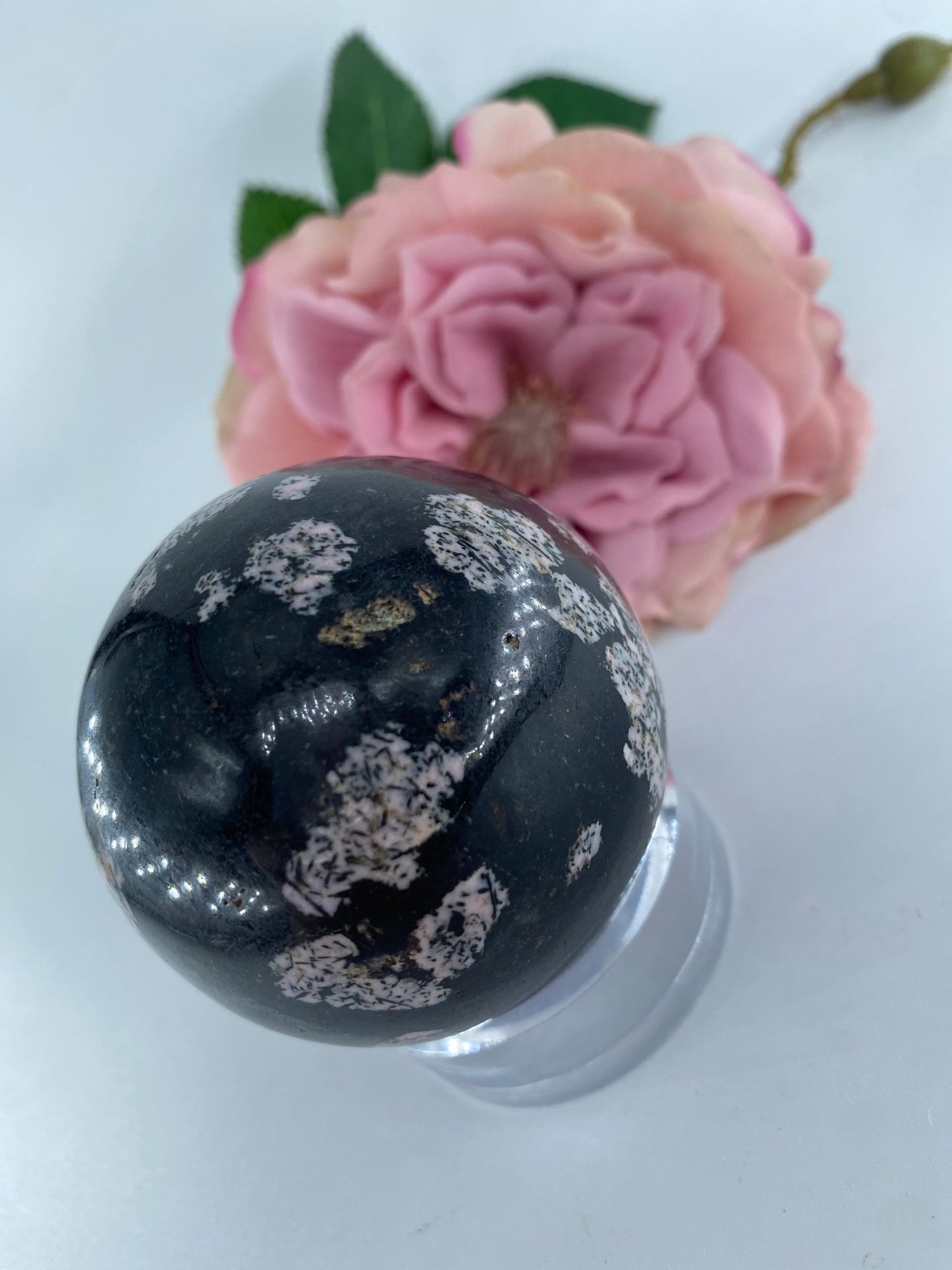 Polished Snowflake Obsidian Sphere 306 grams featuring black base with grey snowflake patterns - Positive Faith Hope Love
