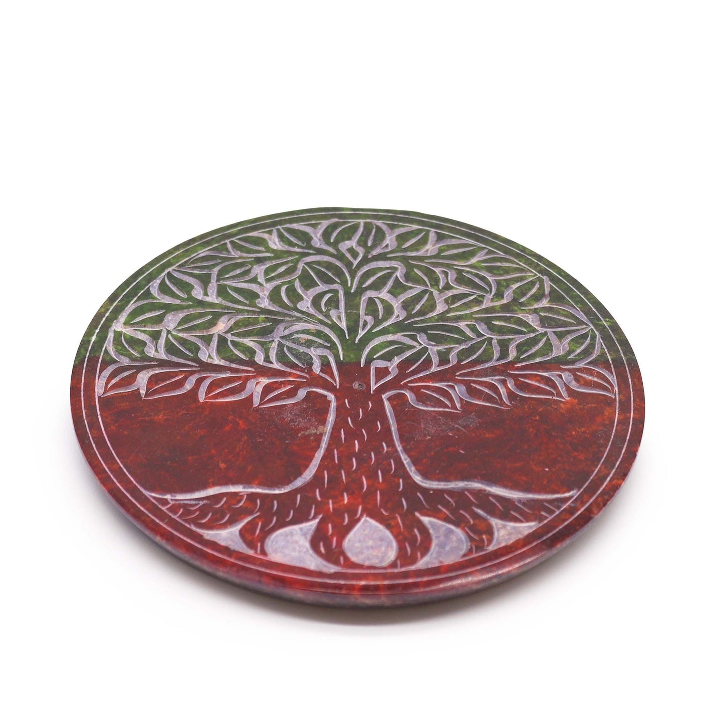 Polished Soapstone Disc Incense Holder - Tree of Life featuring natural patterning and unique variations - Positive Faith Hope Love