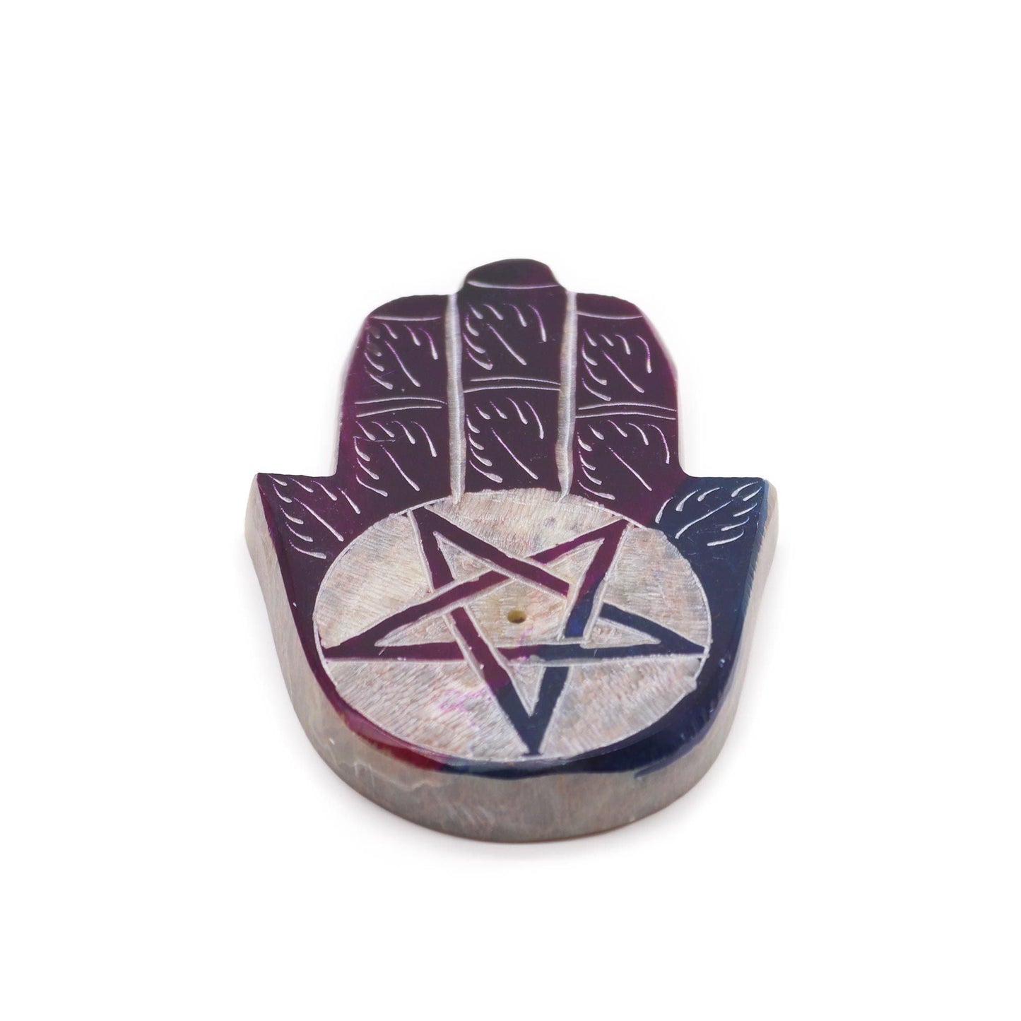 Polished Soapstone Hamsa Incense Holder - Pentagon featuring natural patterning and unique variations - Positive Faith Hope Love
