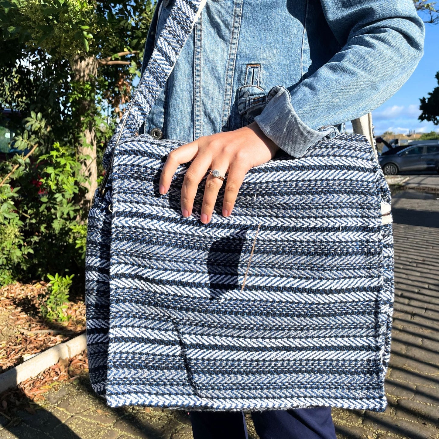 Polished Soft Banjar Laptop Bag Blue Strips 1 featuring natural patterning and unique variations - Positive Faith Hope Love