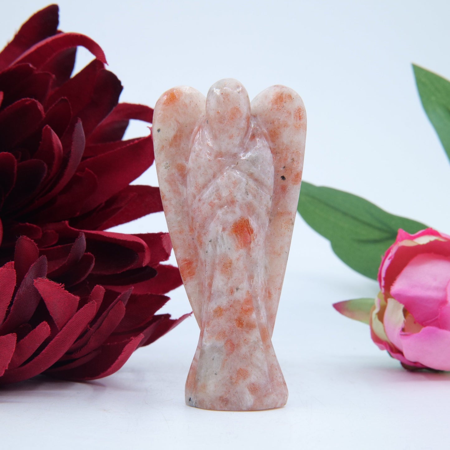 Polished Sunstone Angel 80mm featuring sparkling aventurescence and warm orange tone - Positive Faith Hope Love