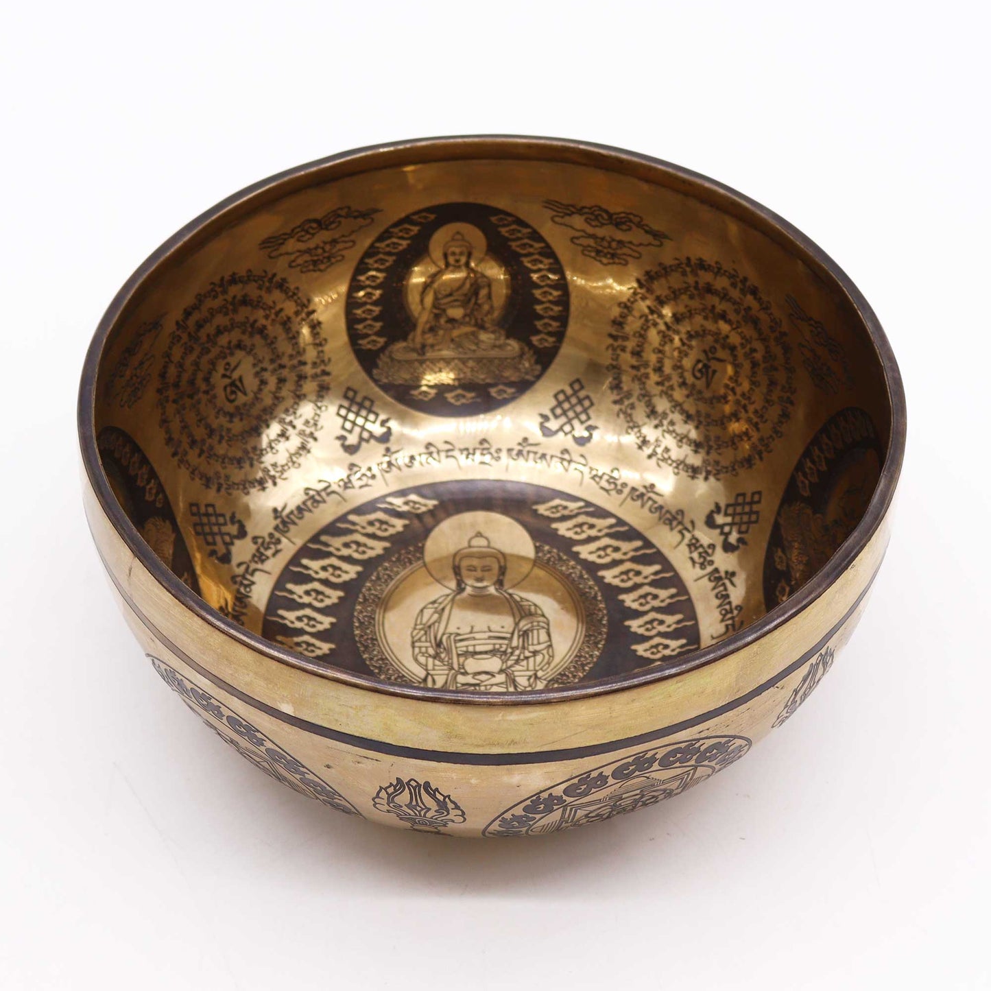 Polished Tibetan Healing Engraved Bowl - 21cm - 5 Buddhas featuring natural patterning and unique variations - Positive Faith Hope Love