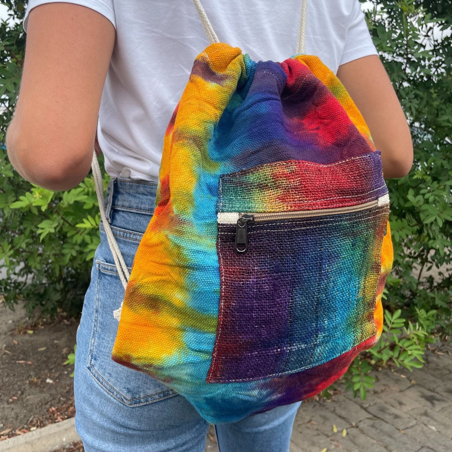 Polished Tiedye Hemp String Bag featuring natural patterning and unique variations - Positive Faith Hope Love