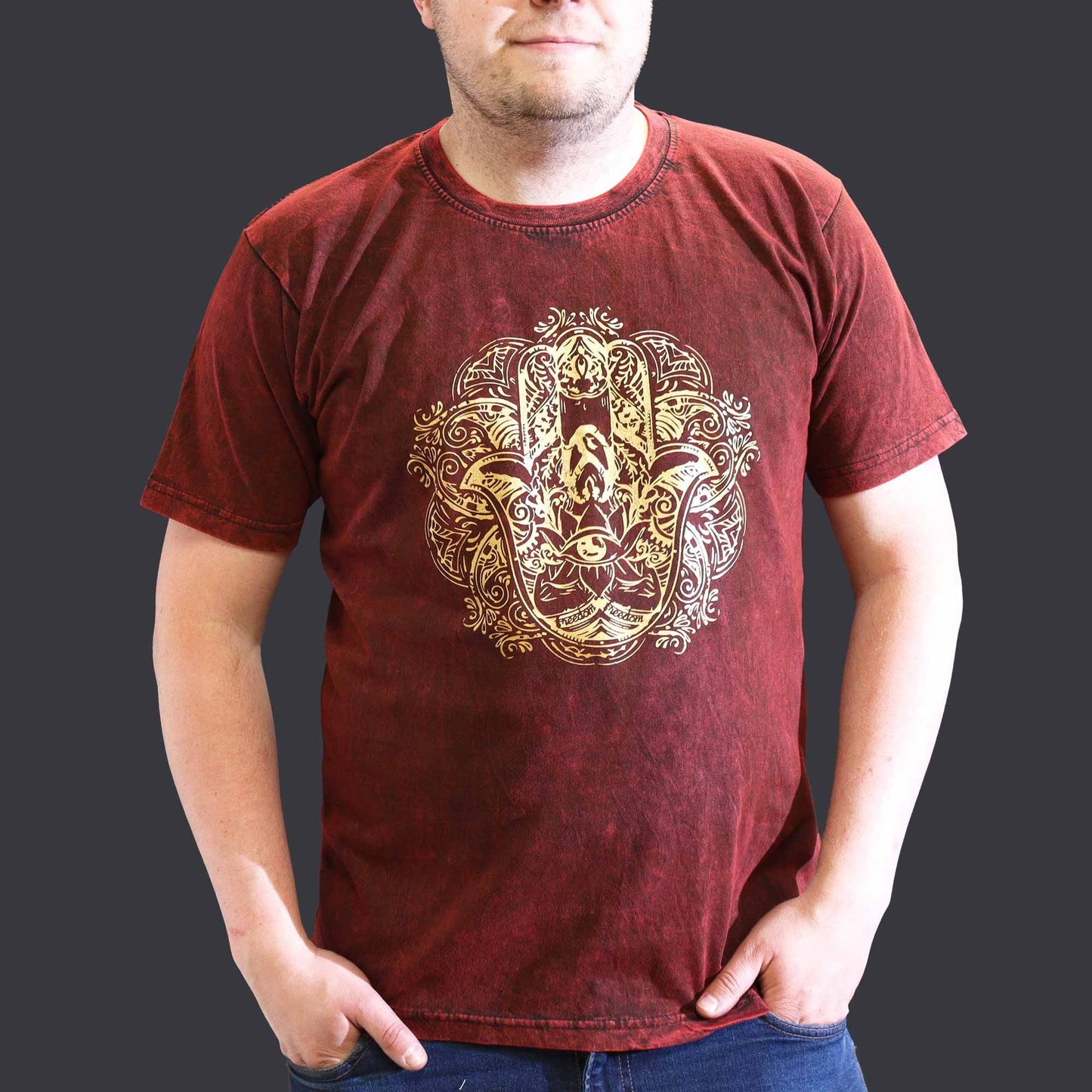Polished XLarge Stone Washed T-Shirt - Hamsa - Maroon featuring natural patterning and unique variations - Positive Faith Hope Love