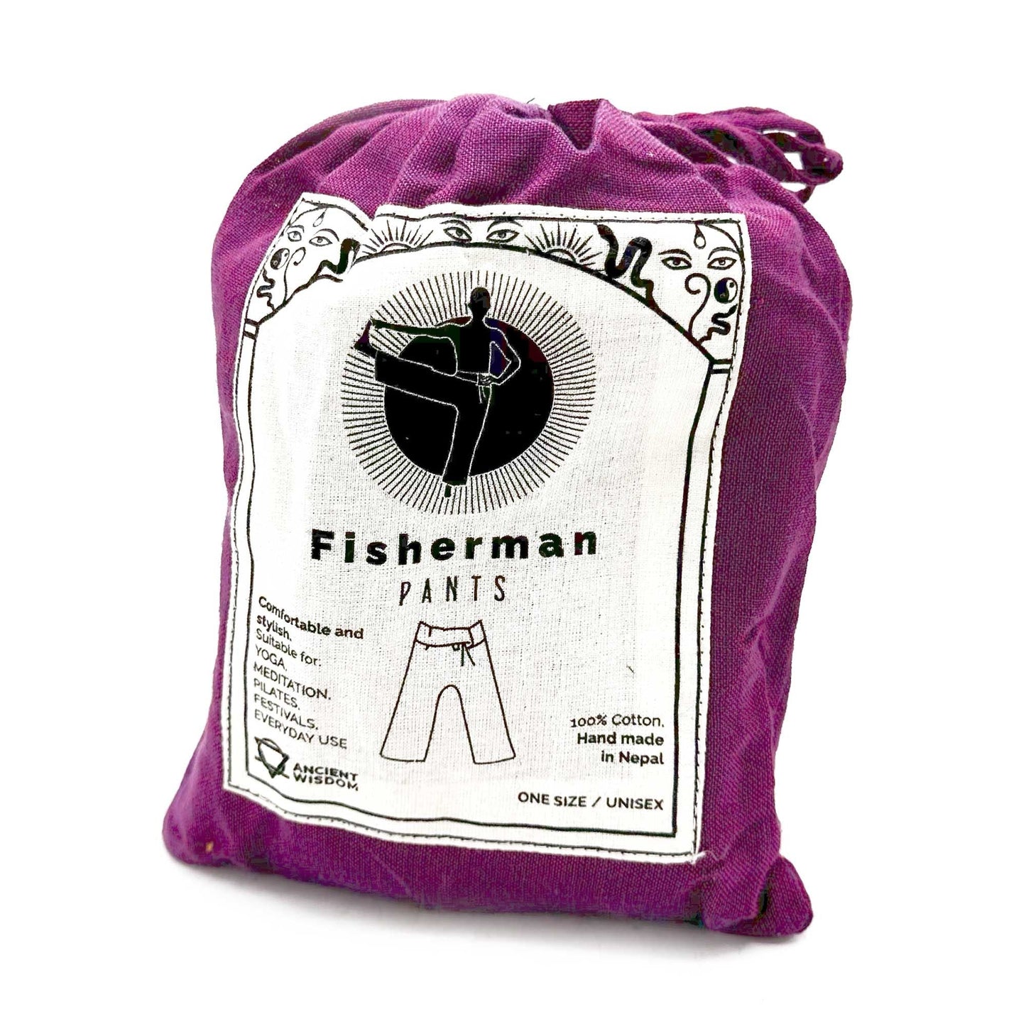 Polished Yoga And Festival Pants Thai Fisherman Mandala Mantra On Purple 3 featuring natural patterning and unique variations - Positive Faith Hope Love