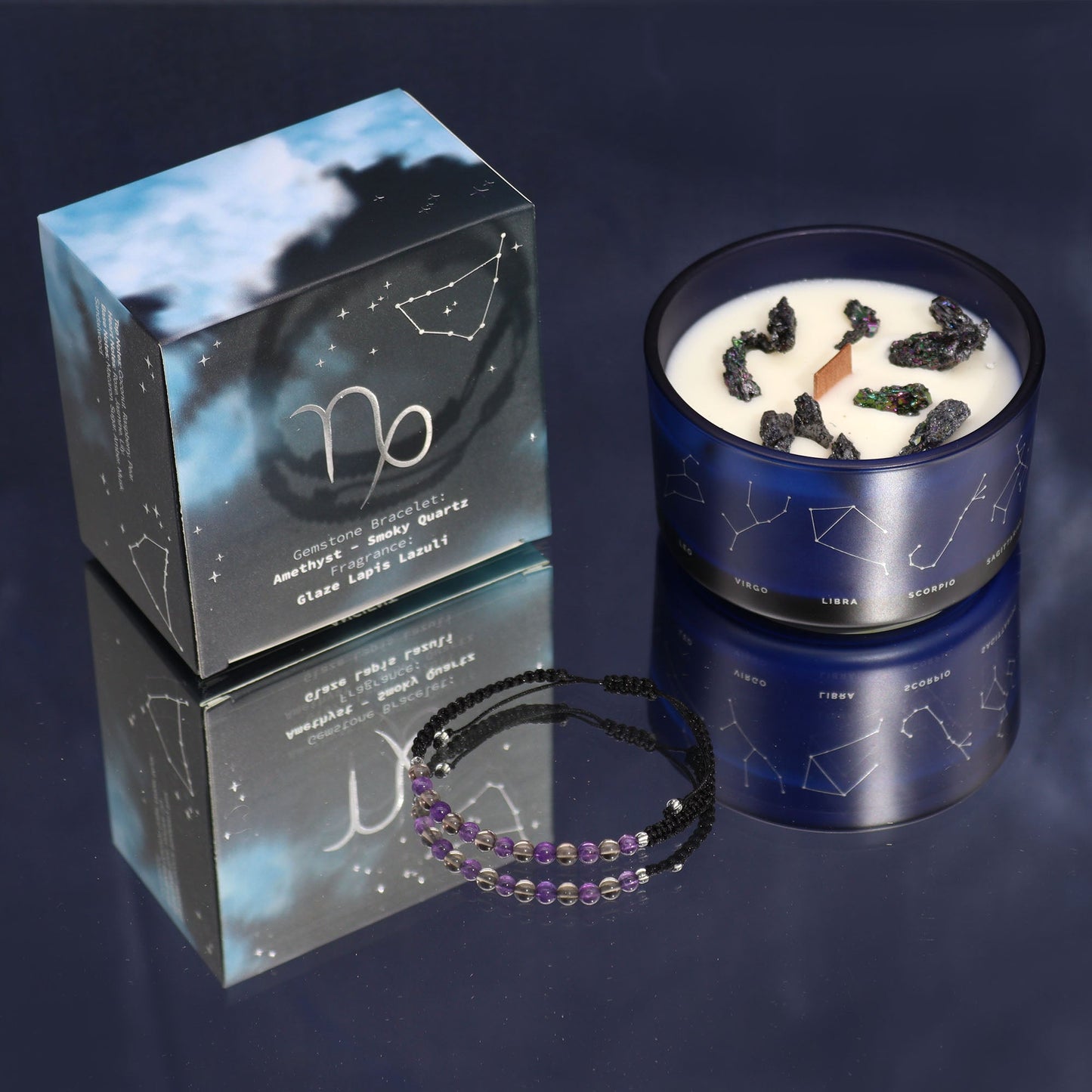 Polished Zodiac Crystal Candle with Gemstone Bracelet - Capricorn featuring natural patterning and unique variations - Positive Faith Hope Love