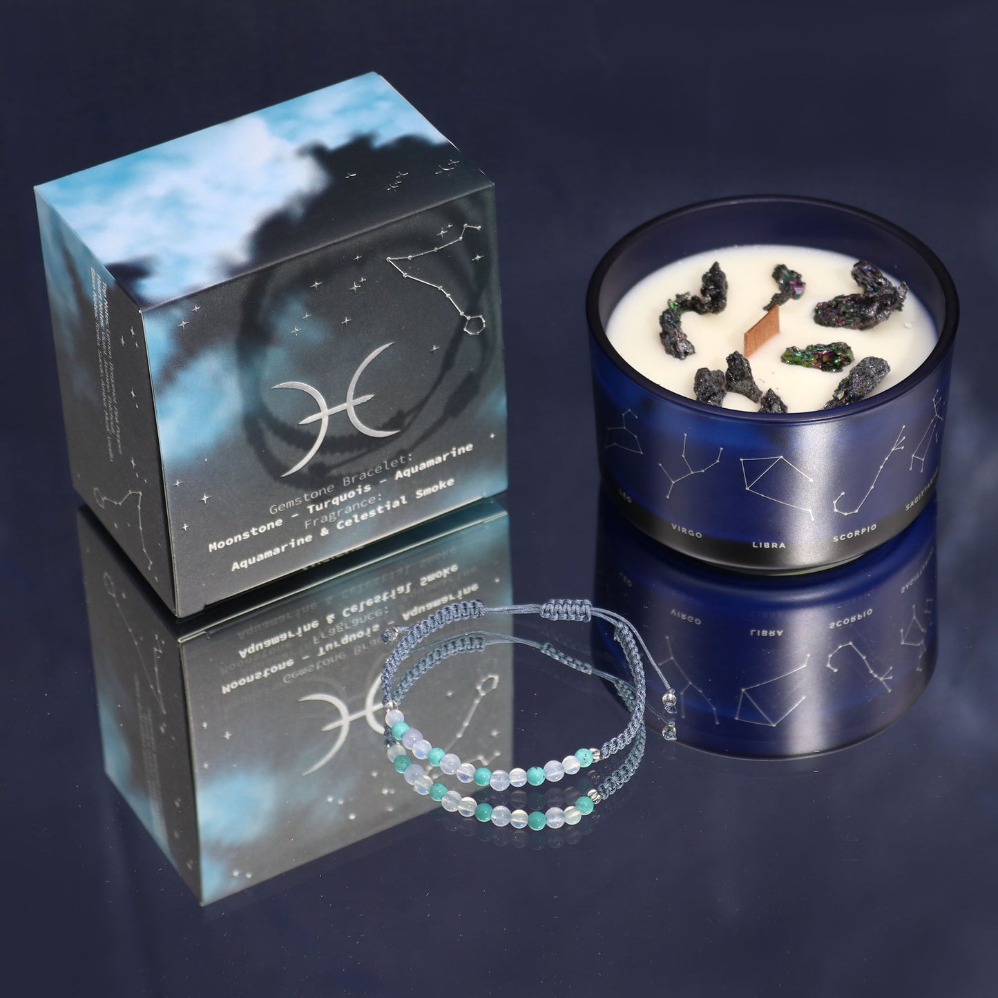 Polished Zodiac Crystal Candle with Gemstone Bracelet - Pisces featuring natural patterning and unique variations - Positive Faith Hope Love