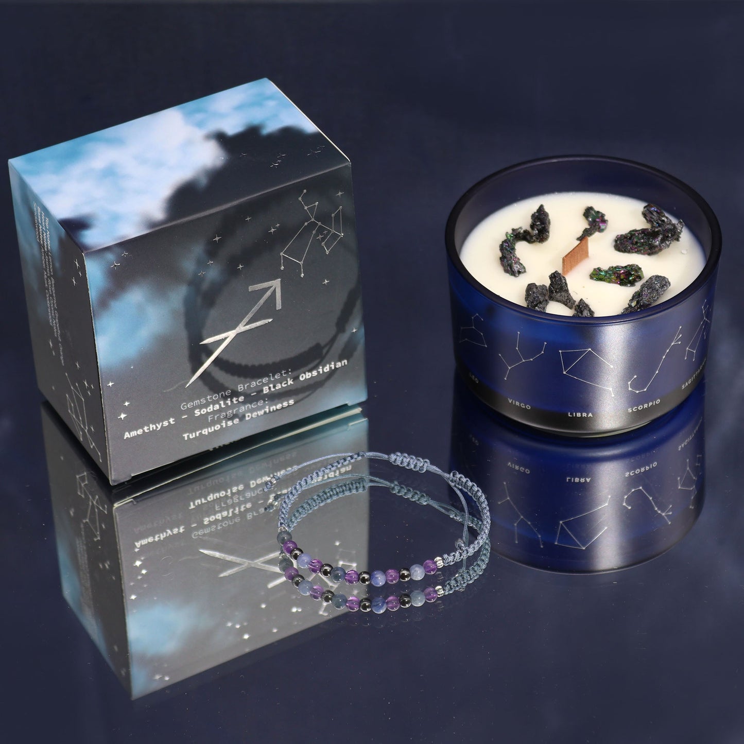 Polished Zodiac Crystal Candle with Gemstone Bracelet - Sagittarius featuring natural patterning and unique variations - Positive Faith Hope Love