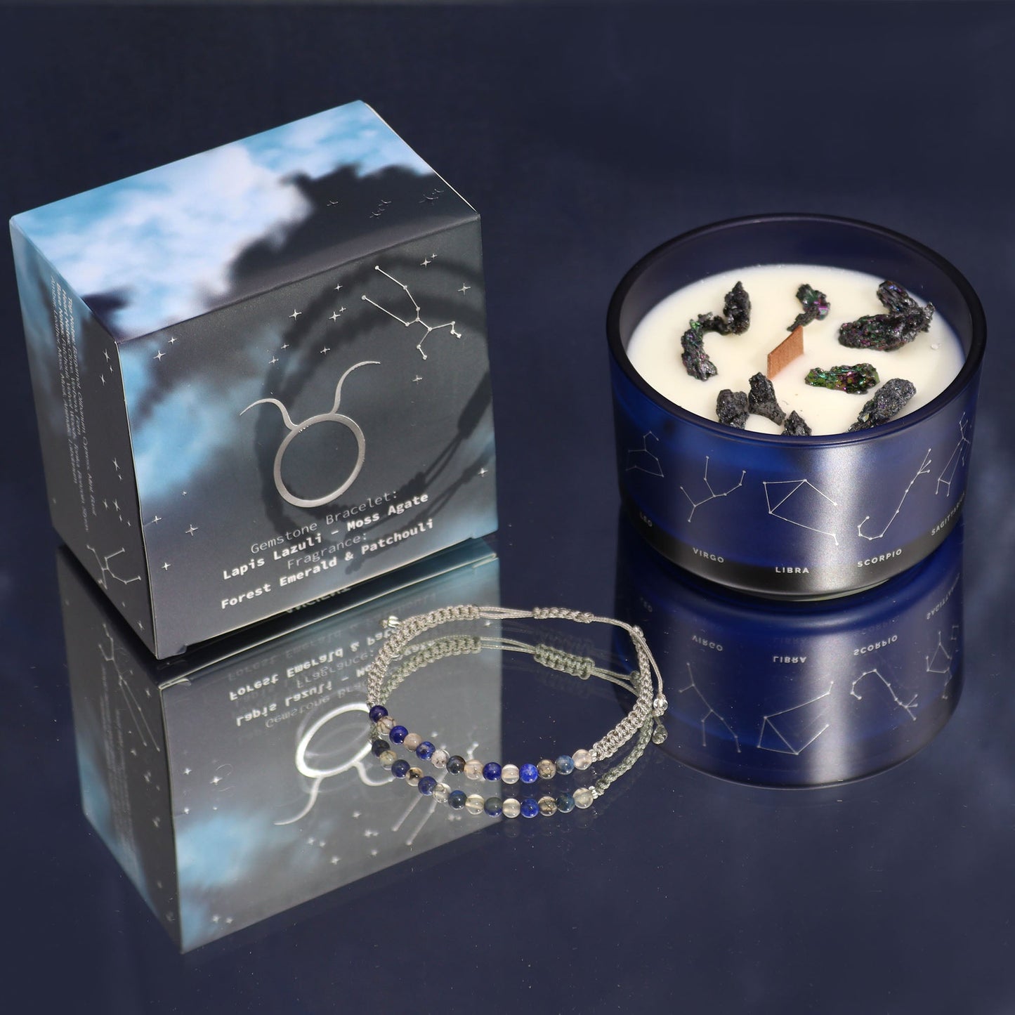 Polished Zodiac Crystal Candle with Gemstone Bracelet - Taurus featuring natural patterning and unique variations - Positive Faith Hope Love