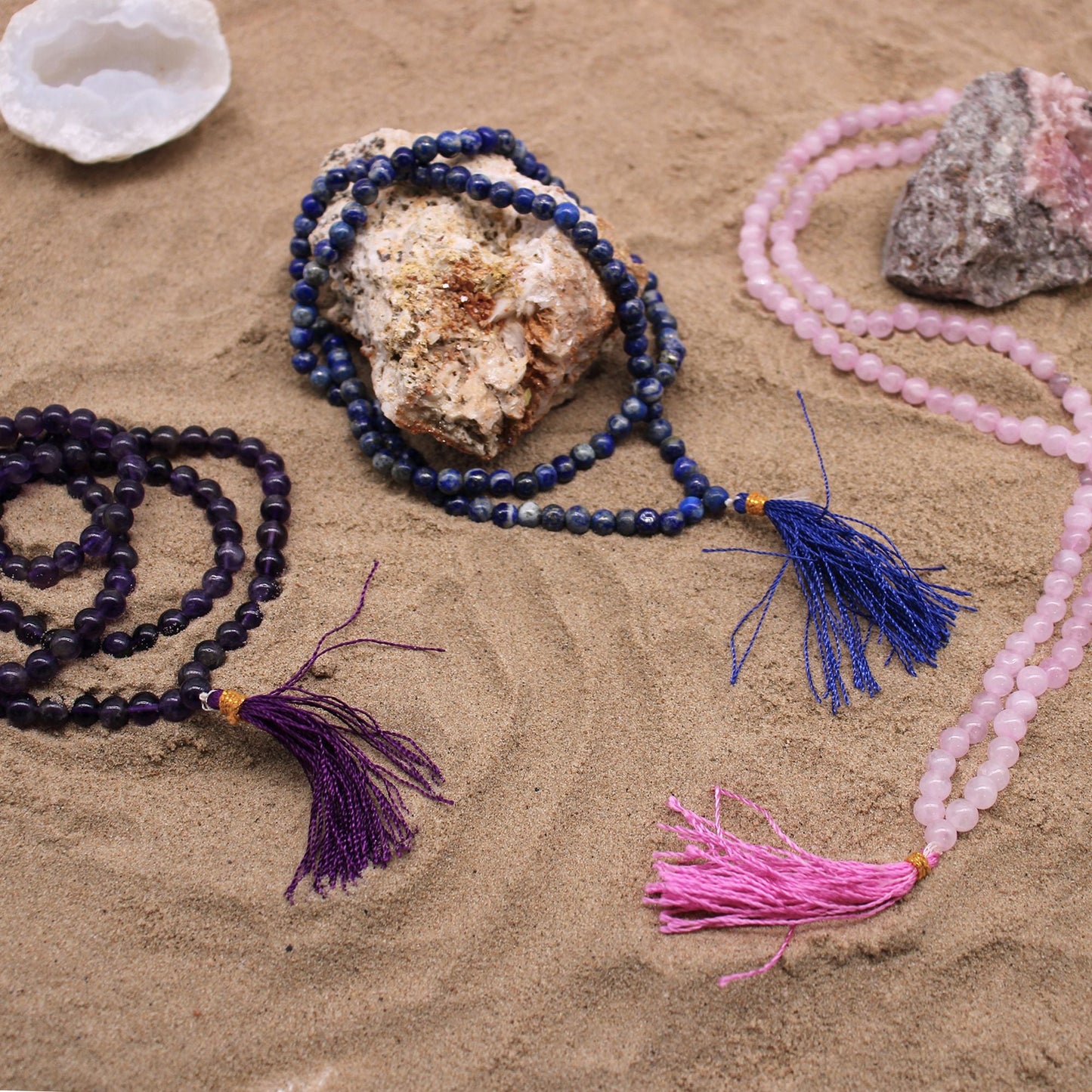 Polished 108 Bead Mala Lapis featuring royal blue tone with gold flecks - Positive Faith Hope Love