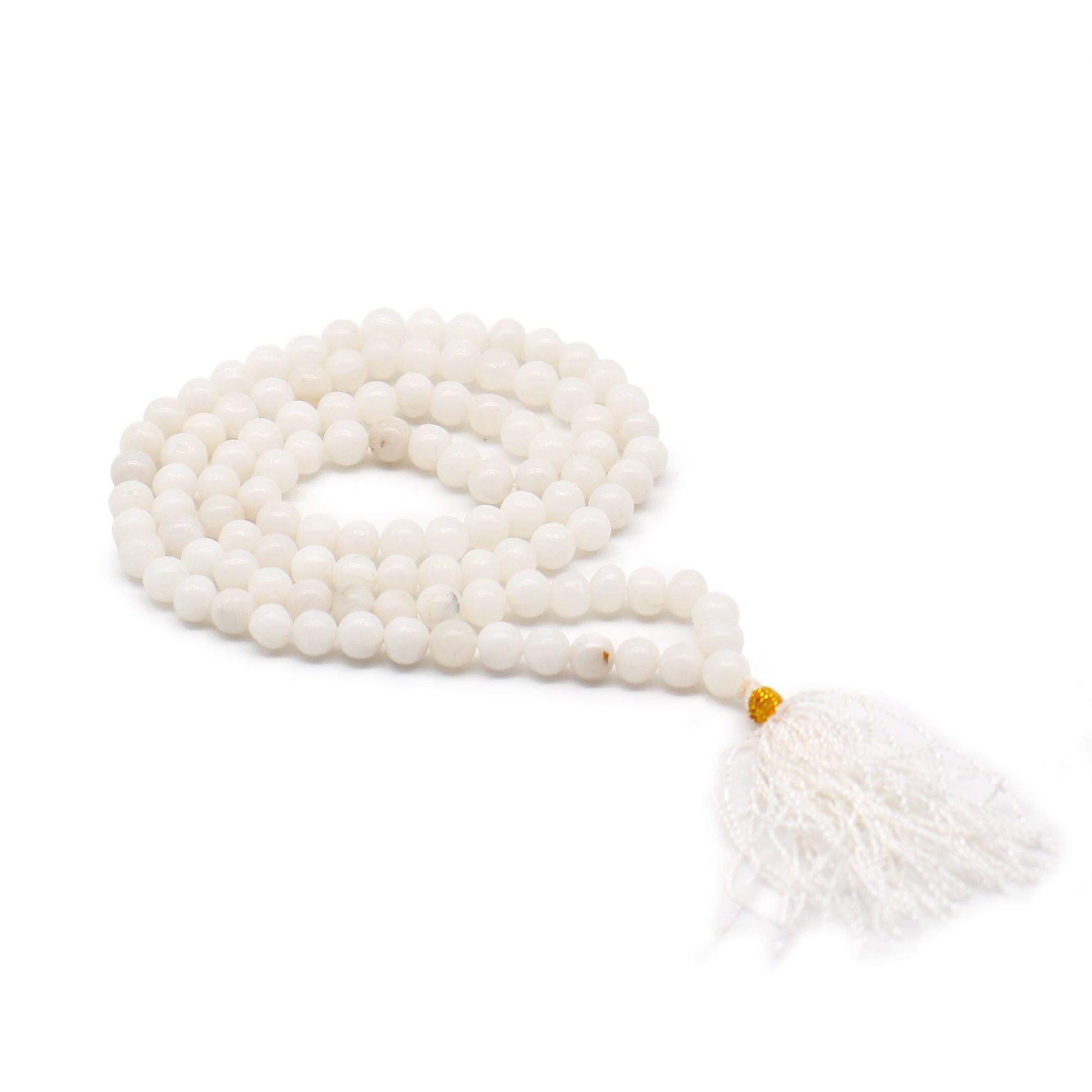 Polished 108 Bead Mala - White Quartz featuring natural patterning and unique variations - Positive Faith Hope Love