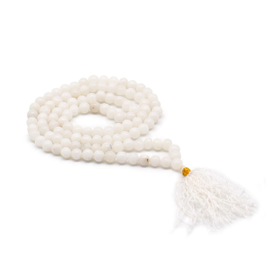 Polished 108 Bead Mala - White Quartz featuring natural patterning and unique variations - Positive Faith Hope Love