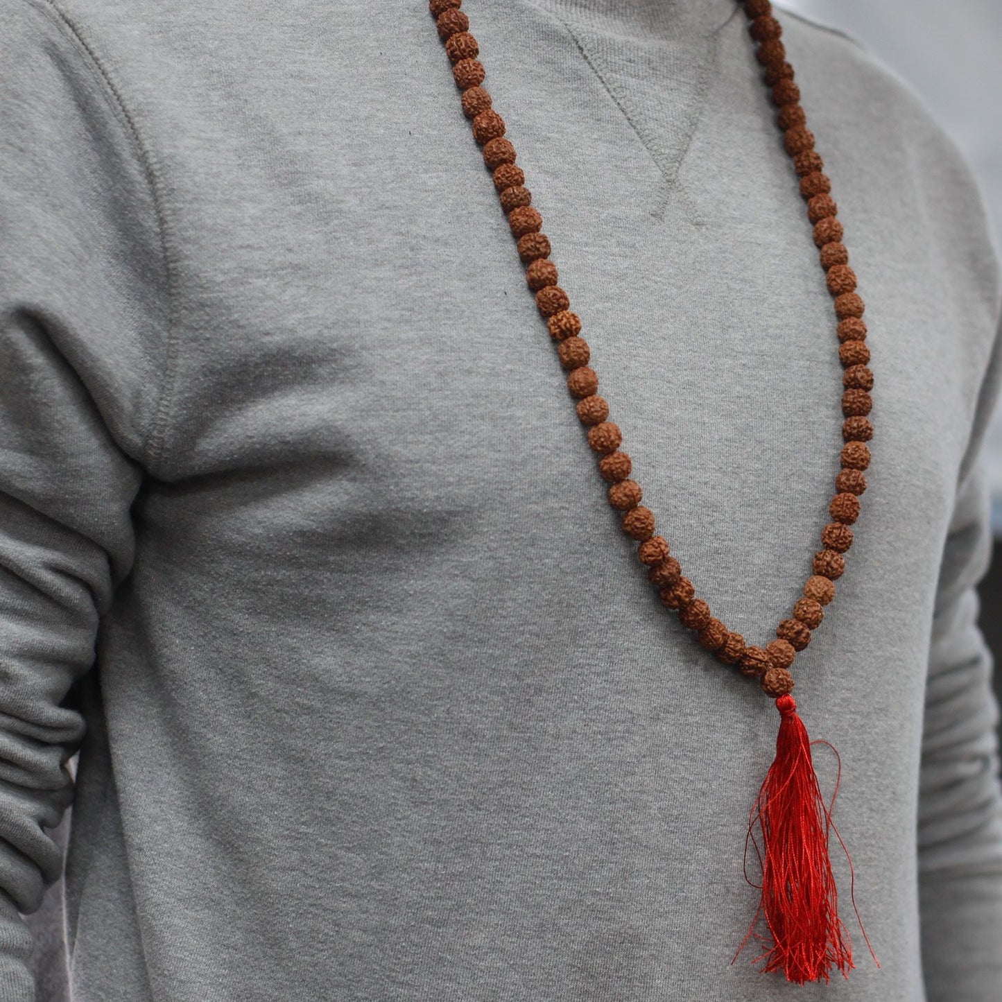 Polished 108 Rudraksha Mala Brown featuring natural patterning and unique variations - Positive Faith Hope Love