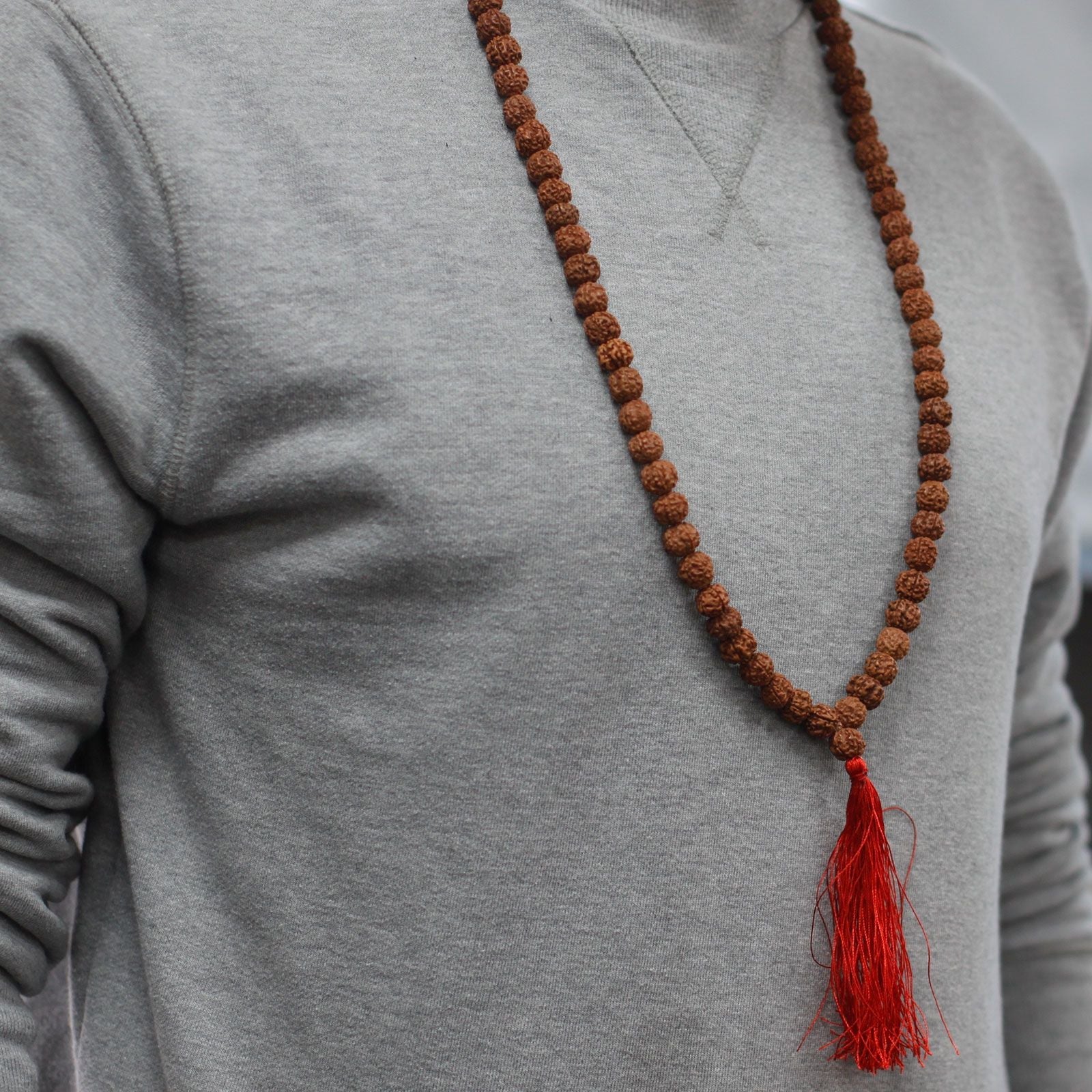 Polished 108 Rudraksha Mala Brown featuring natural patterning and unique variations - Positive Faith Hope Love
