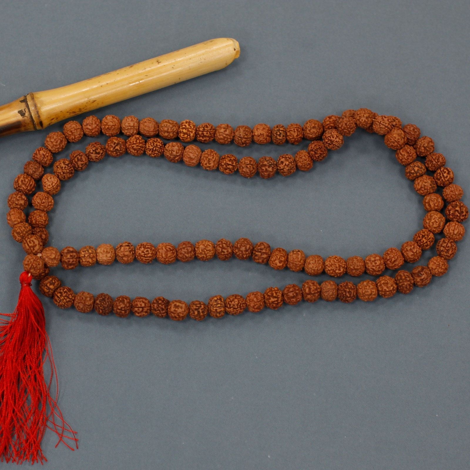 Polished 108 Rudraksha Mala Brown featuring natural patterning and unique variations - Positive Faith Hope Love