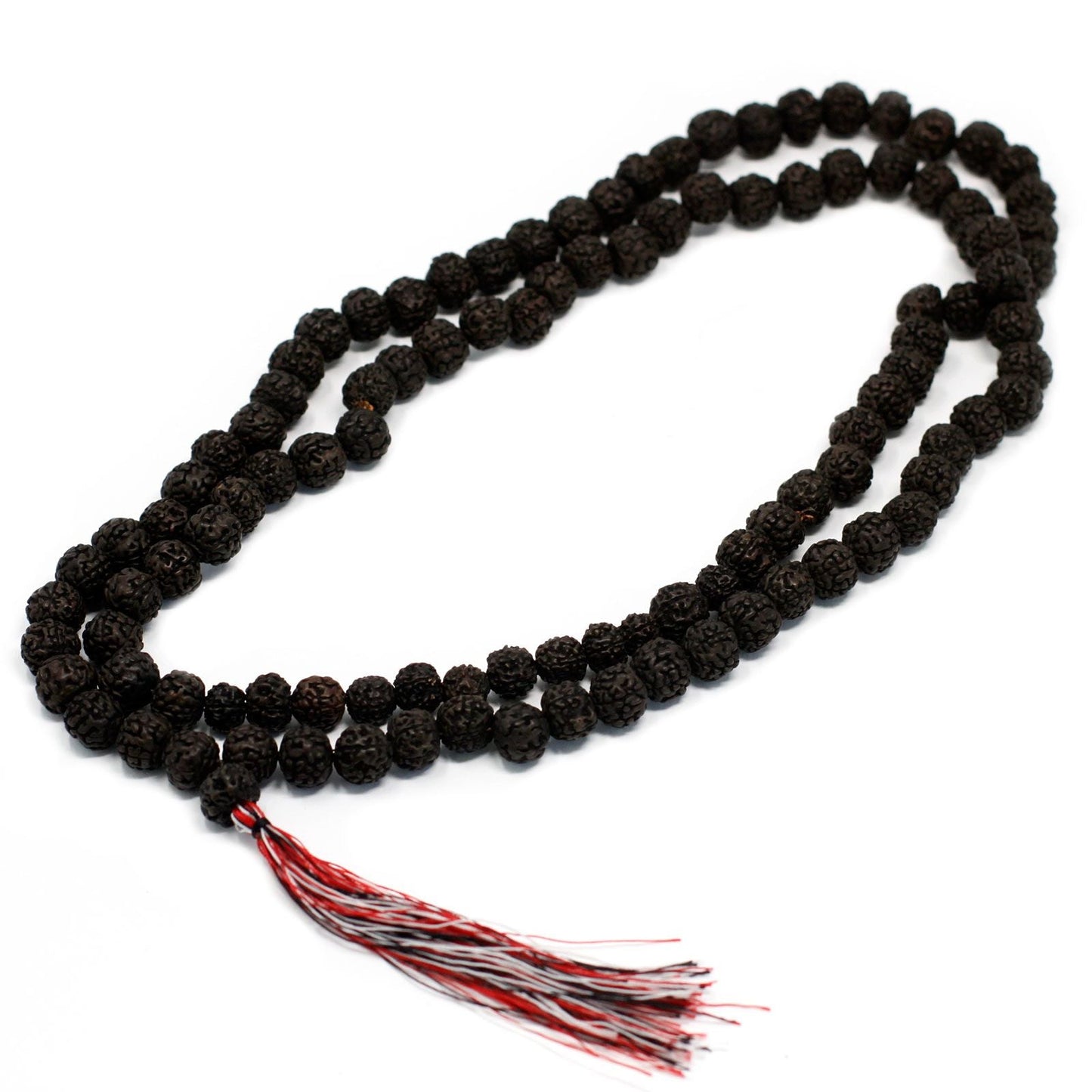 Polished 108 Rudraksha Mala Dark featuring natural patterning and unique variations - Positive Faith Hope Love