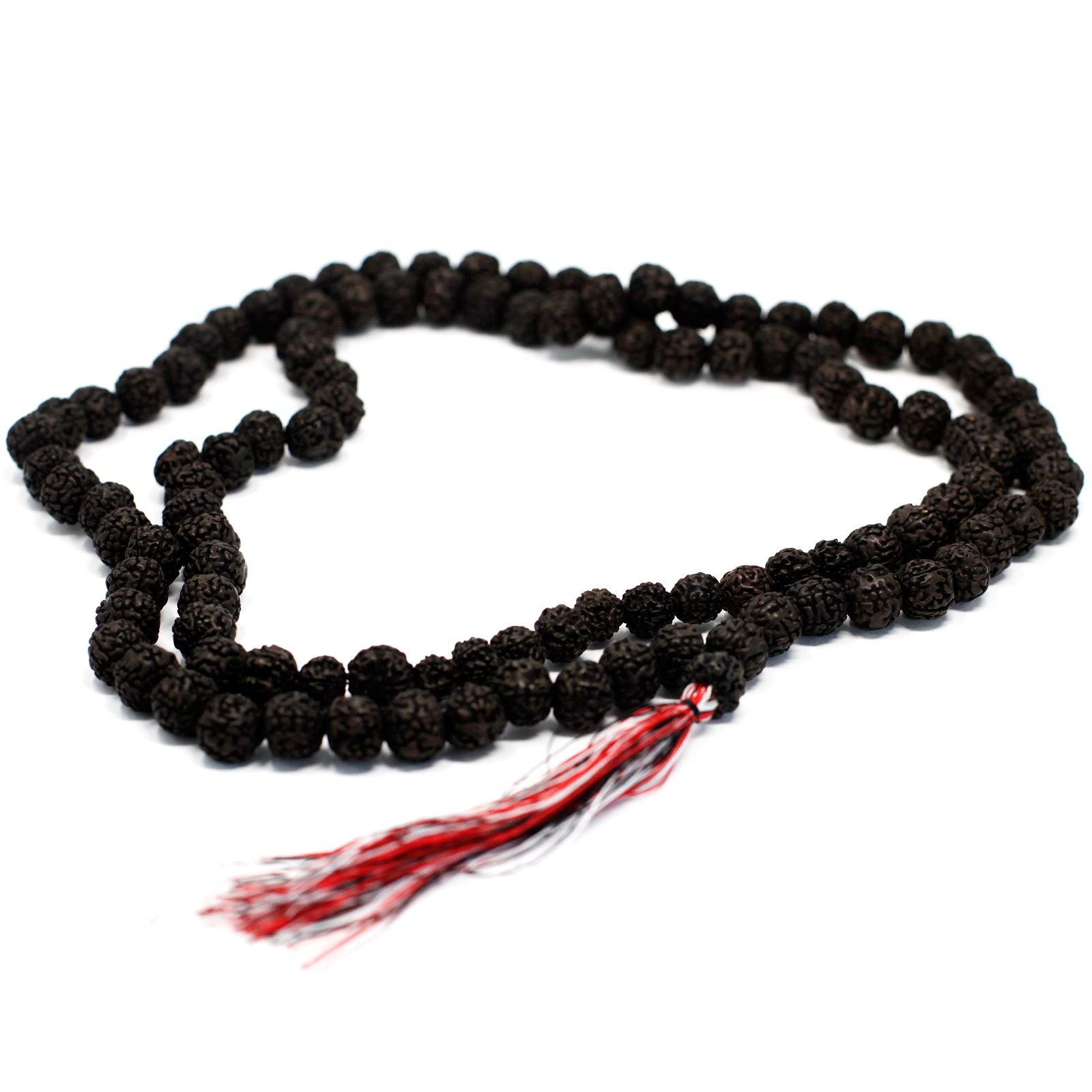 Polished 108 Rudraksha Mala Dark featuring natural patterning and unique variations - Positive Faith Hope Love