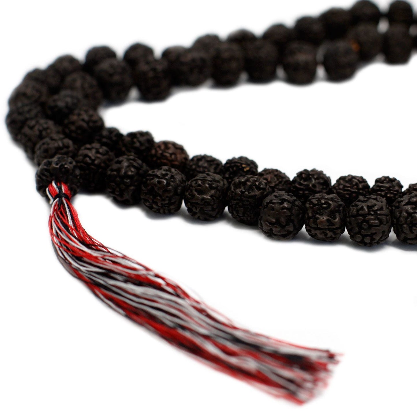 Polished 108 Rudraksha Mala Dark featuring natural patterning and unique variations - Positive Faith Hope Love
