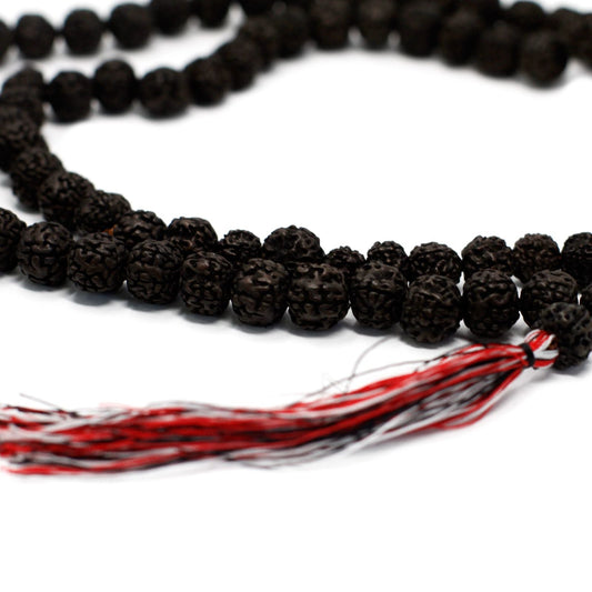 Polished 108 Rudraksha Mala - Dark featuring natural patterning and unique variations - Positive Faith Hope Love