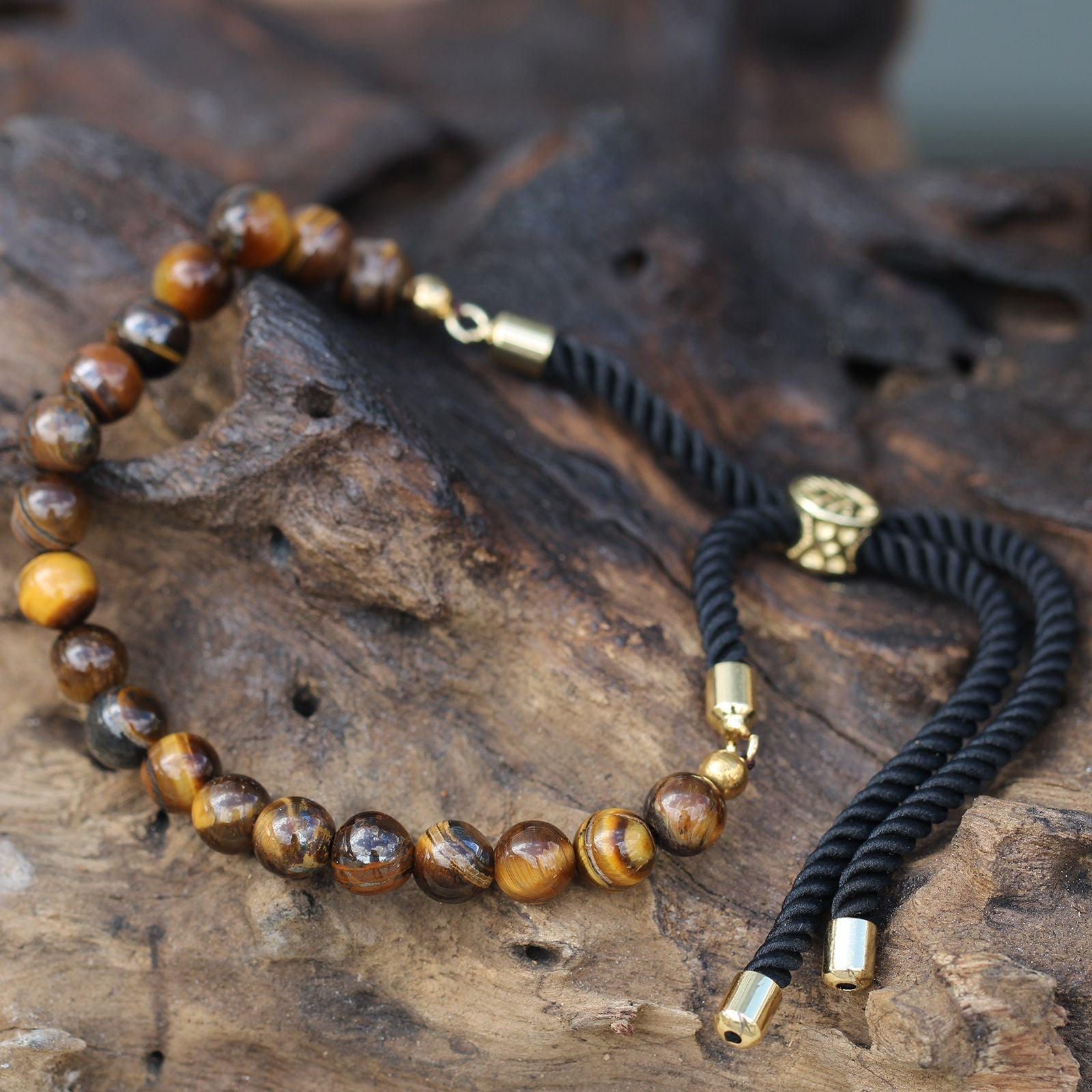 Polished 18K Gold Plated Gemstone Black String Bracelet Tiger Eye featuring natural patterning and unique variations - Positive Faith Hope Love