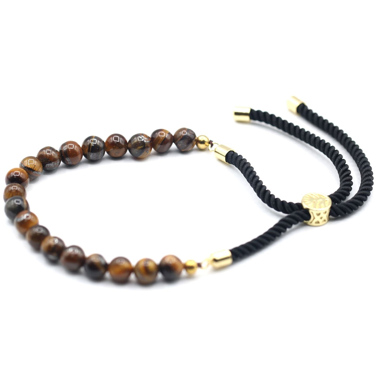 Polished 18K Gold Plated Gemstone Black String Bracelet - Tiger Eye featuring natural patterning and unique variations - Positive Faith Hope Love