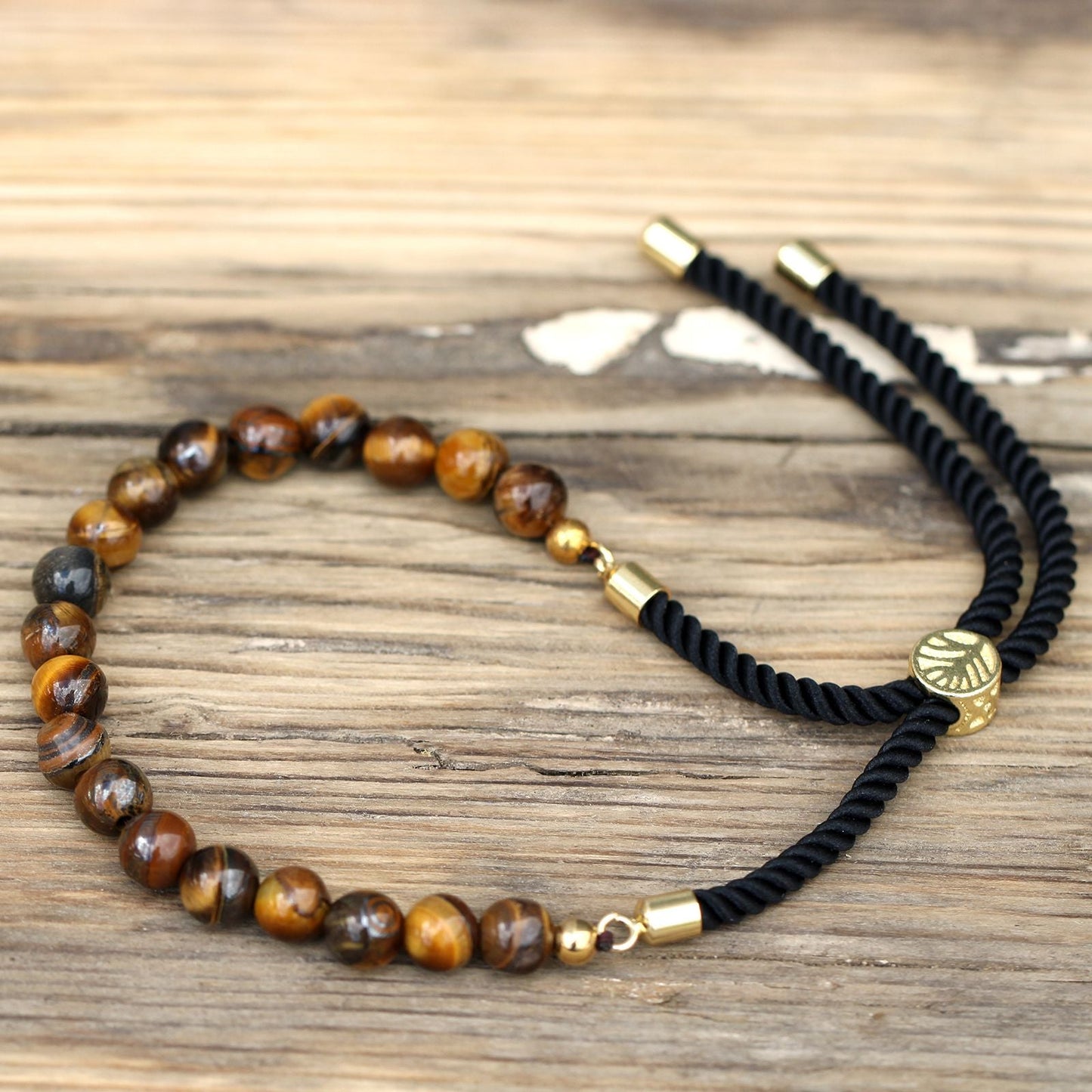 Polished 18K Gold Plated Gemstone Black String Bracelet Tiger Eye featuring natural patterning and unique variations - Positive Faith Hope Love