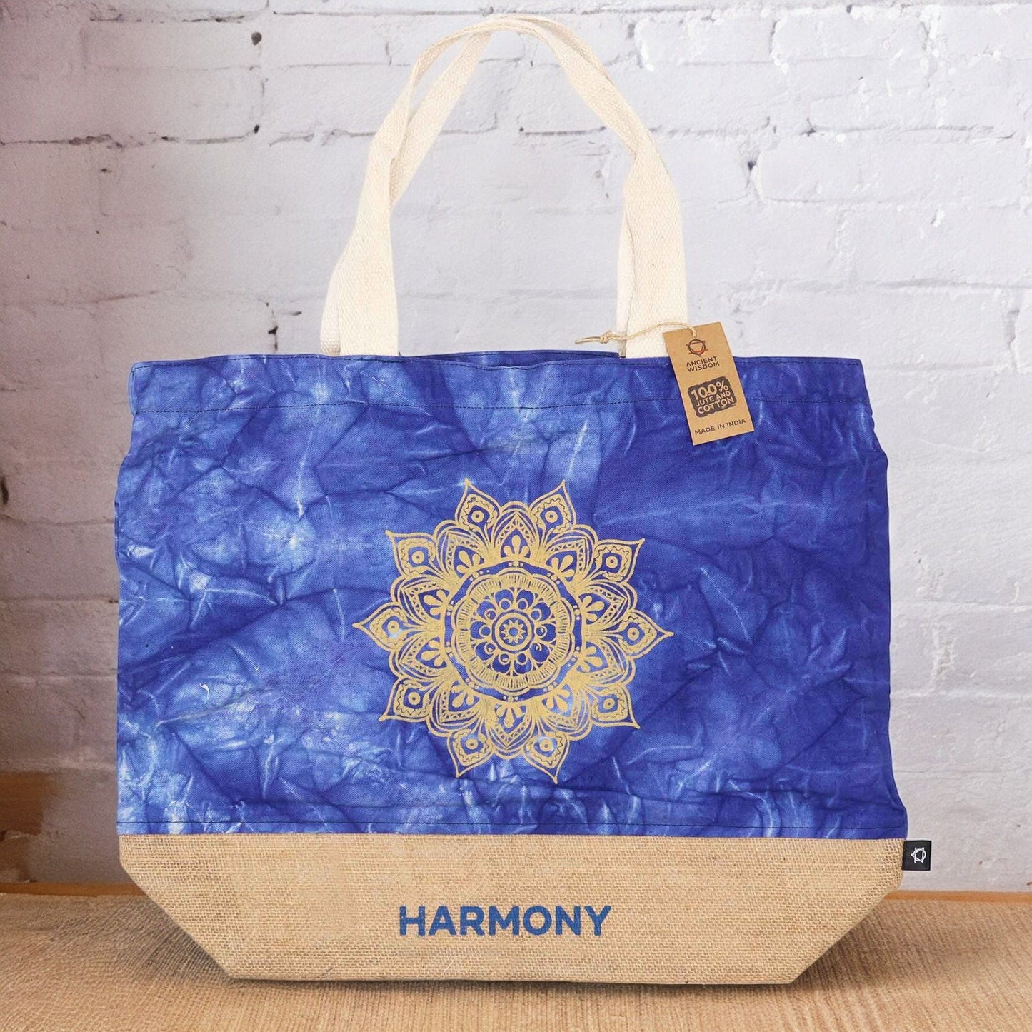Polished All Natural Bag Blue Stonewash Mandala Harmony featuring natural patterning and unique variations - Positive Faith Hope Love