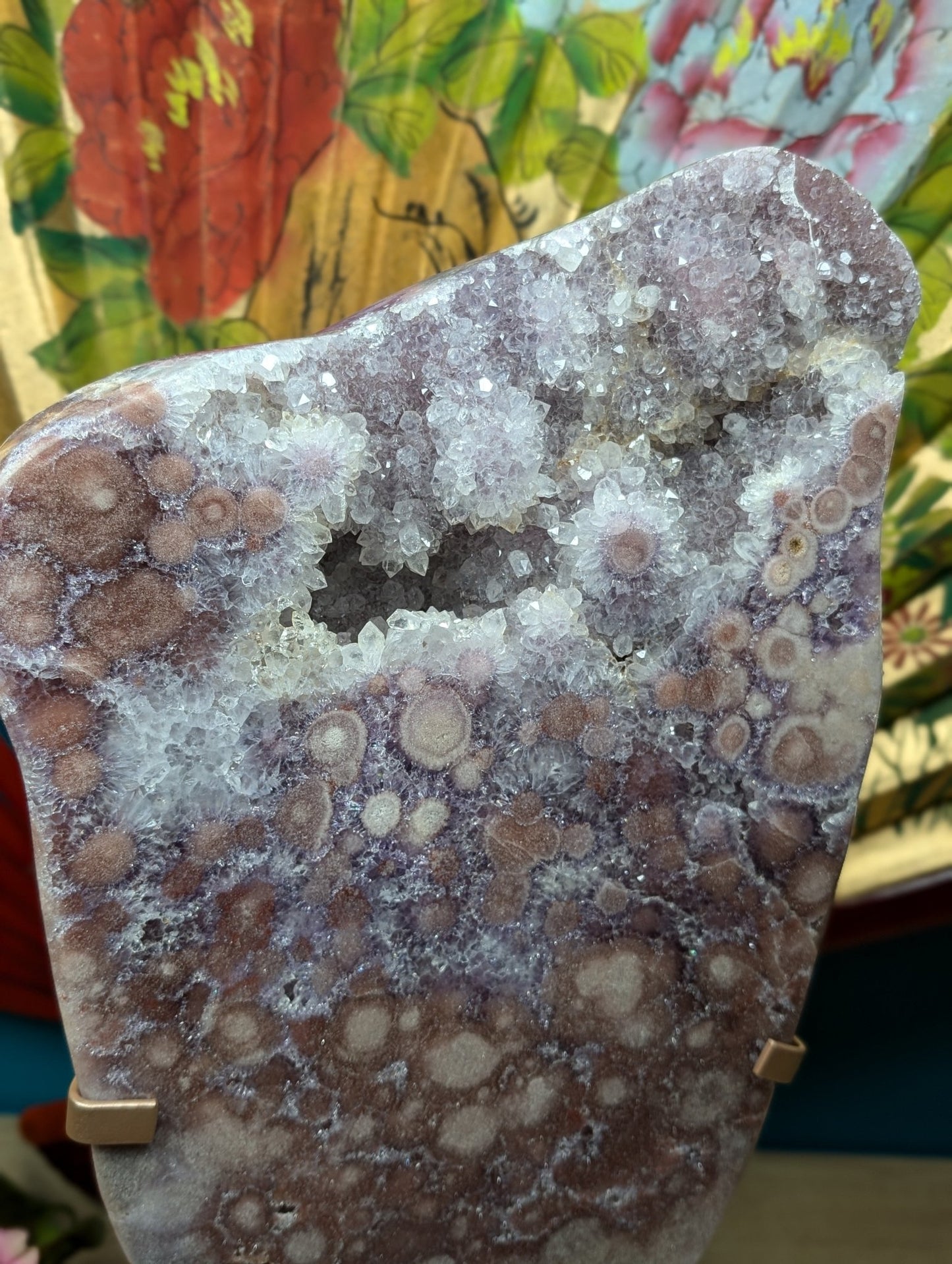 Amethyst Slab - Orbit Flower Reddish Pink with Calcite 8258g - Positive Faith Hope Love