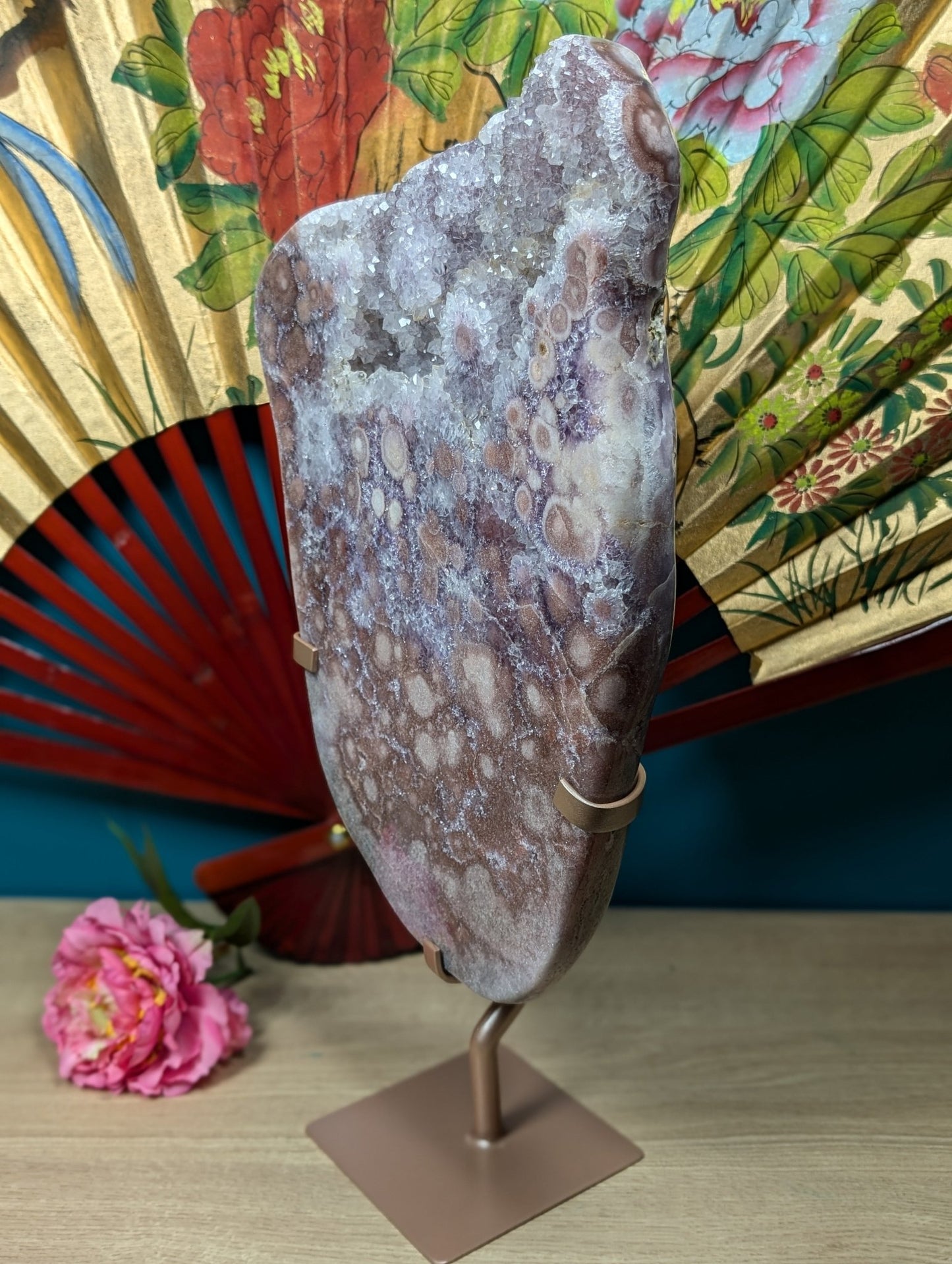 Amethyst Slab - Orbit Flower Reddish Pink with Calcite 8258g - Positive Faith Hope Love