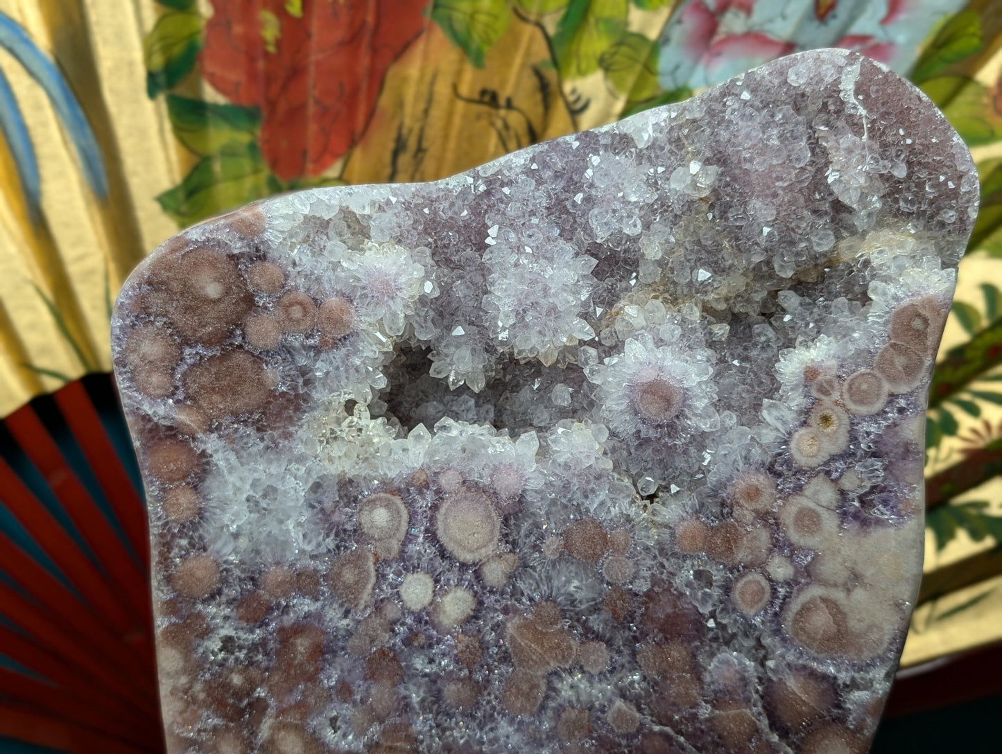 Amethyst Slab - Orbit Flower Reddish Pink with Calcite 8258g - Positive Faith Hope Love