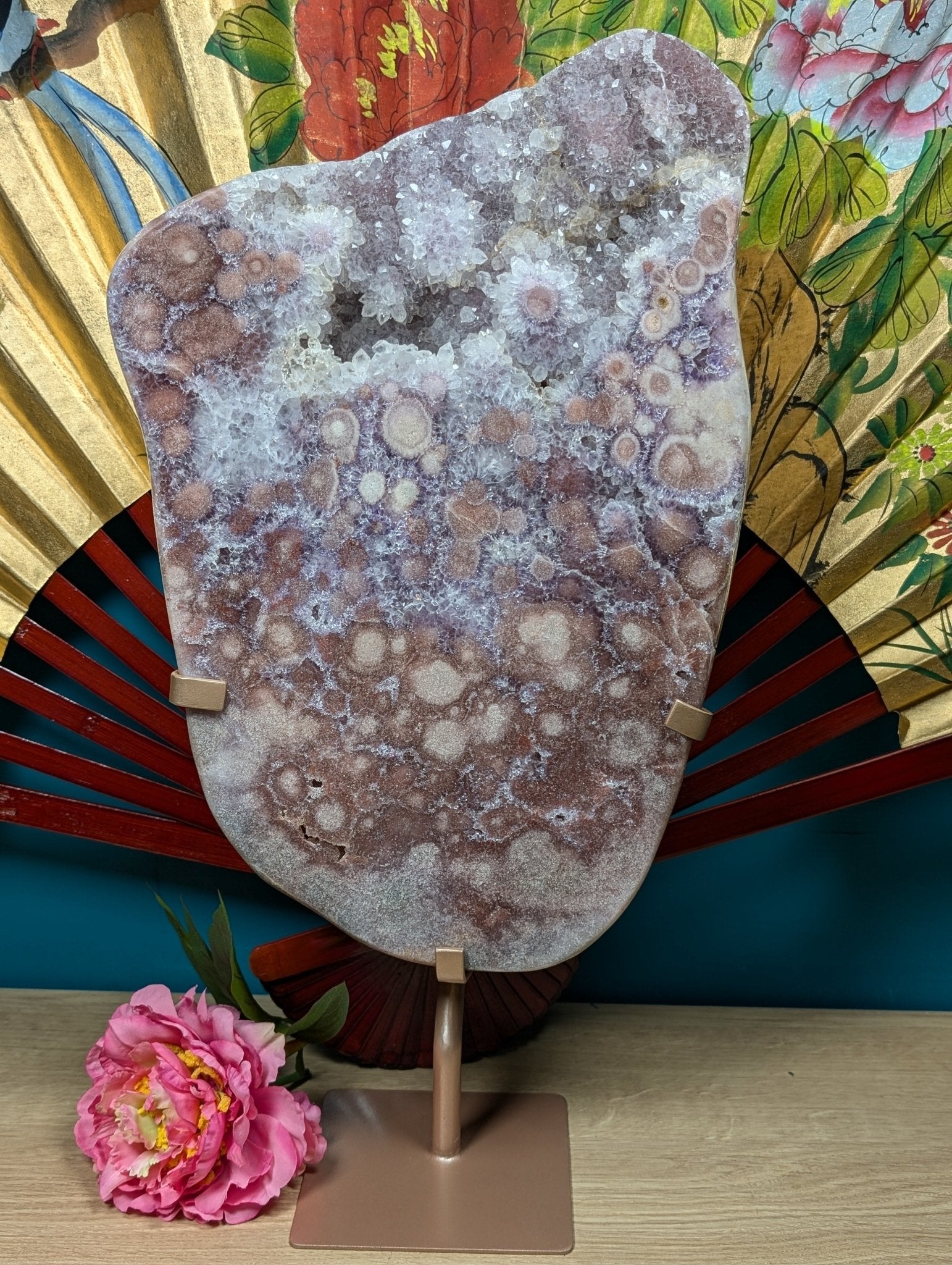 Amethyst Slab - Orbit Flower Reddish Pink with Calcite 8258g - Positive Faith Hope Love