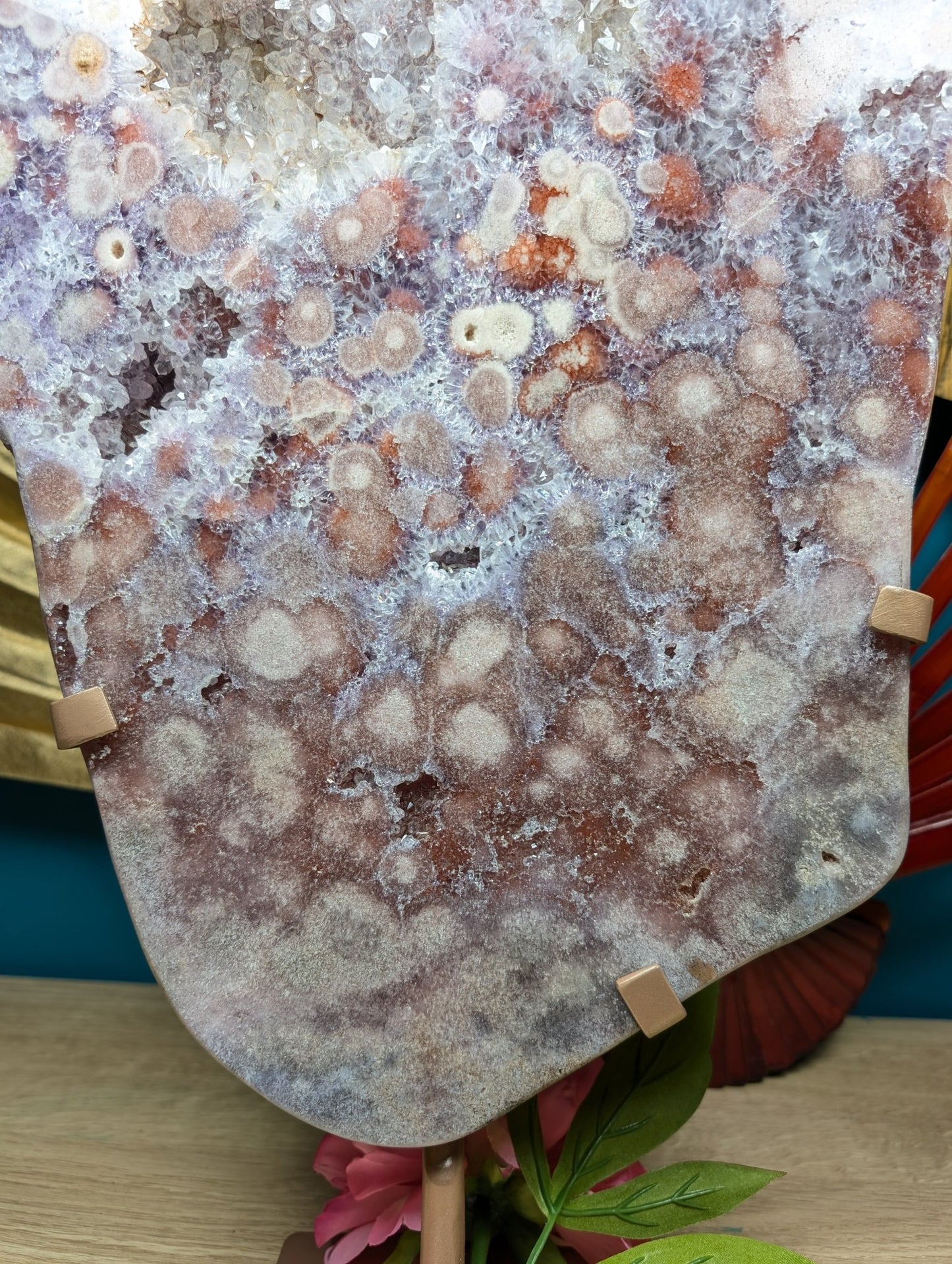 Amethyst Slab - Orbit Flower Reddish Pink with Calcite on Stand 9568g - Positive Faith Hope Love