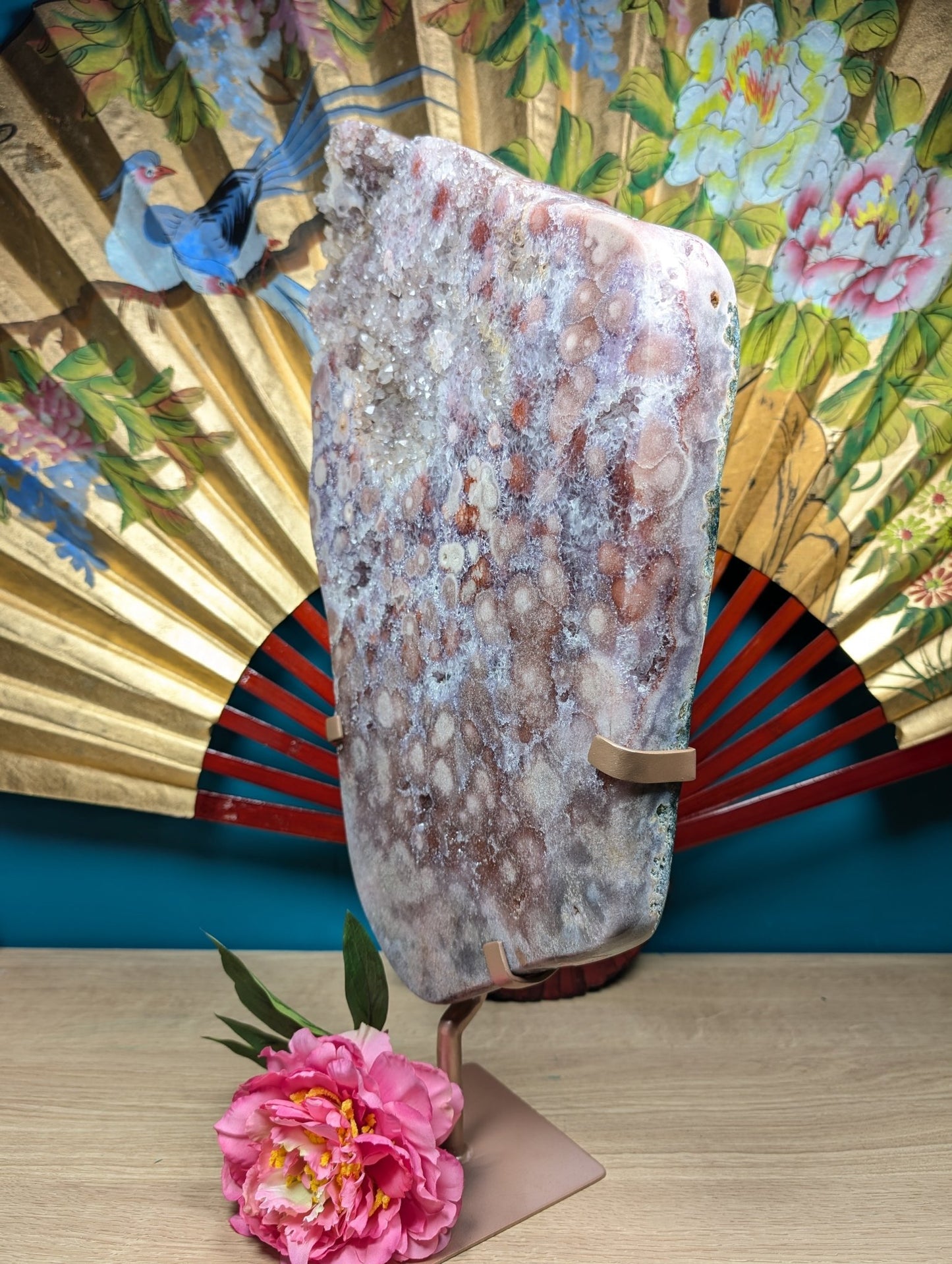 Amethyst Slab - Orbit Flower Reddish Pink with Calcite on Stand 9568g - Positive Faith Hope Love