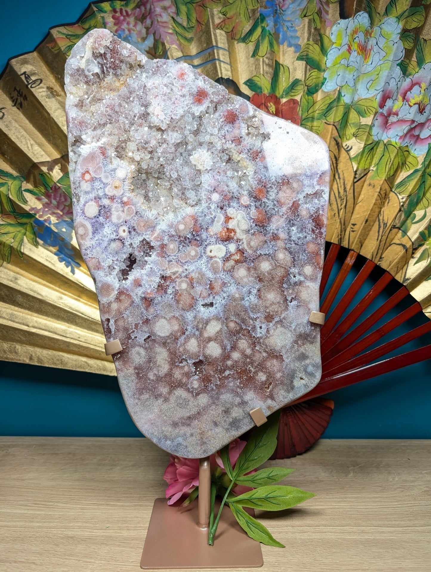 Amethyst Slab - Orbit Flower Reddish Pink with Calcite on Stand 9568g - Positive Faith Hope Love