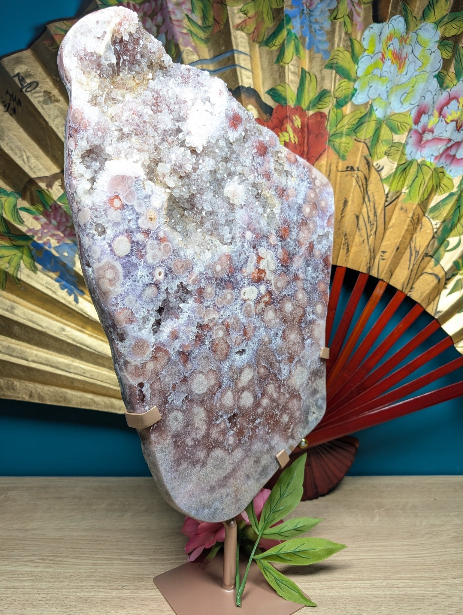 Amethyst Slab - Orbit Flower Reddish Pink with Calcite on Stand 9568g - Positive Faith Hope Love