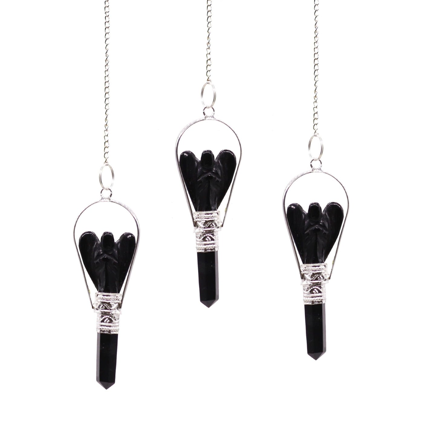 Polished Angel Pendulum with Ring- Black Agate featuring banded patterns and glossy finish - Positive Faith Hope Love