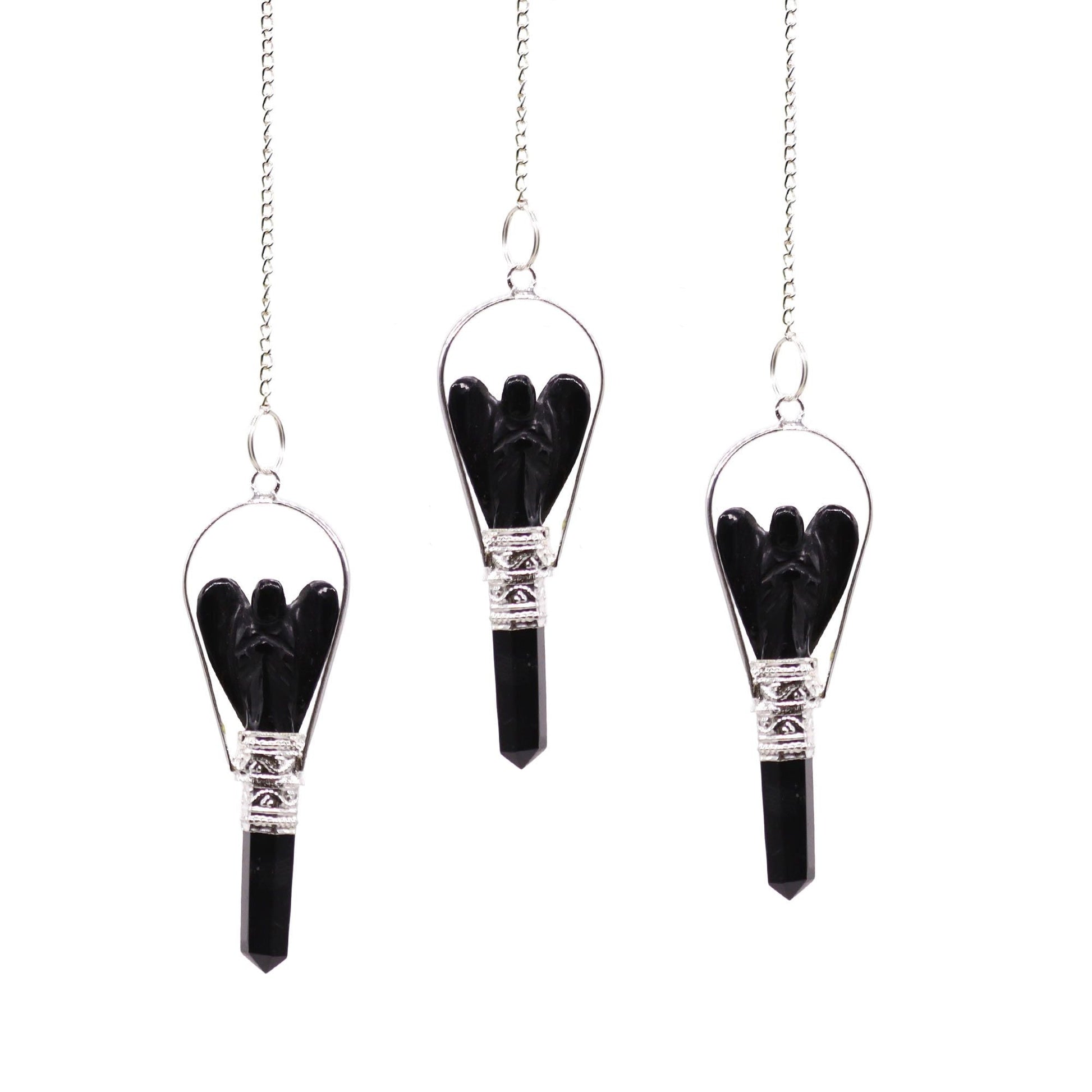 Polished Angel Pendulum with Ring- Black Agate featuring banded patterns and glossy finish - Positive Faith Hope Love