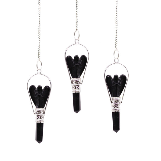 Polished Angel Pendulum with Ring- Black Agate featuring banded patterns and glossy finish - Positive Faith Hope Love