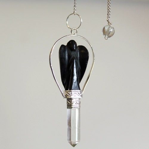 Polished Angel Pendulum With Ring Black Agate featuring banded patterns and glossy finish - Positive Faith Hope Love