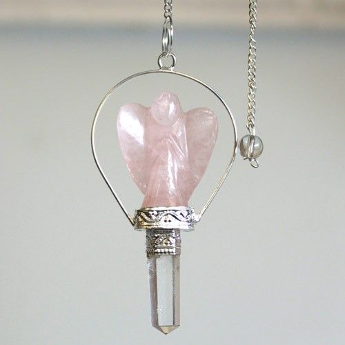 Polished Angel Pendulum with Ring- Rose Quartz featuring soft pink tone and gentle translucence - Positive Faith Hope Love