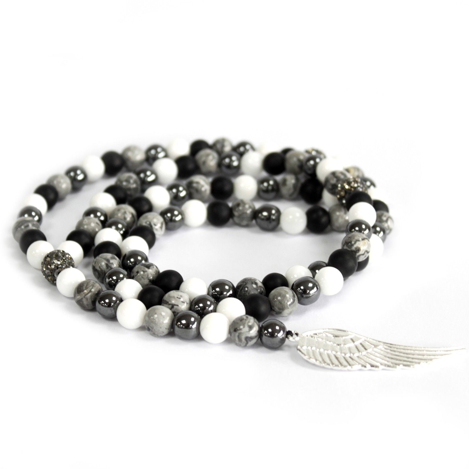 Polished Angel Wing / Grey Agate - Gemstone Necklace featuring banded patterns and glossy finish - Positive Faith Hope Love
