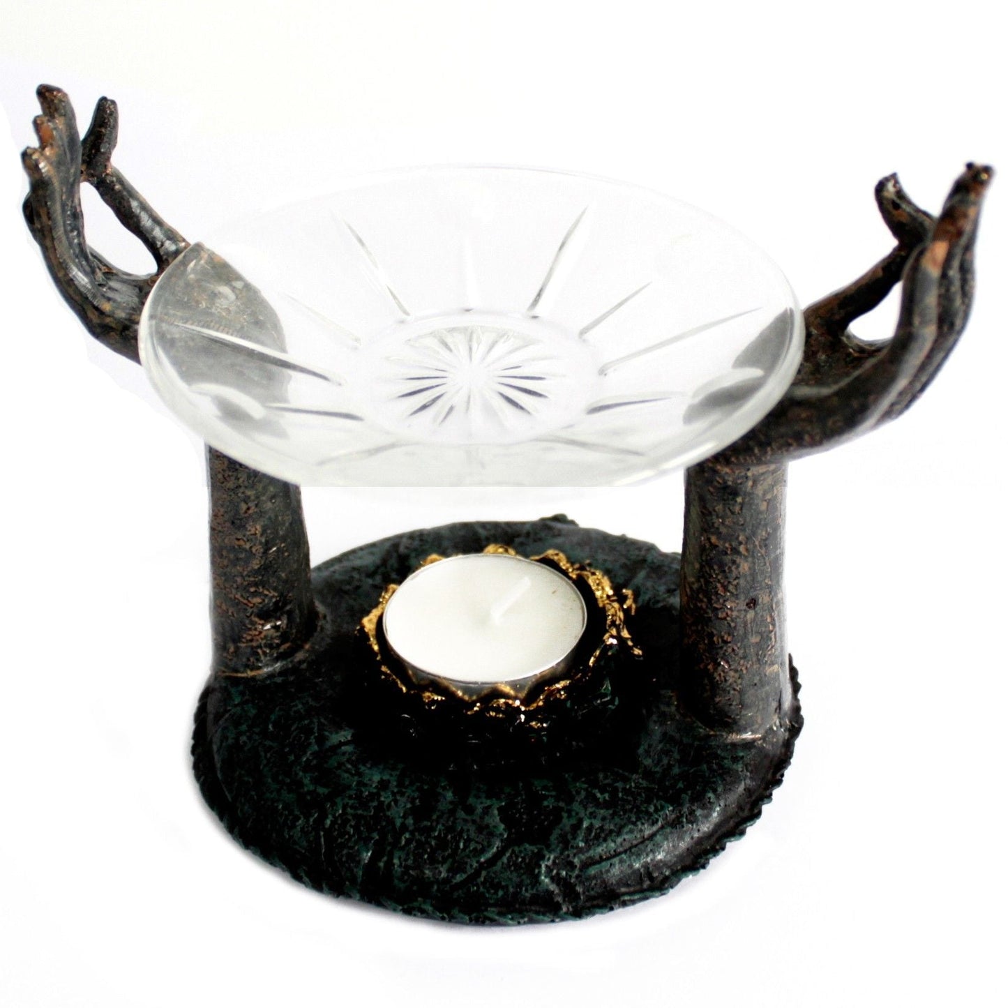 Polished Antique Buddha - Om Hands Oil Burner featuring natural patterning and unique variations - Positive Faith Hope Love