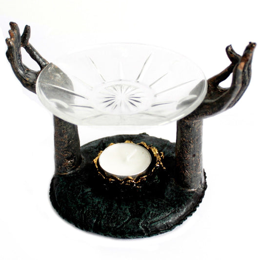 Polished Antique Buddha - Om Hands Oil Burner featuring natural patterning and unique variations - Positive Faith Hope Love