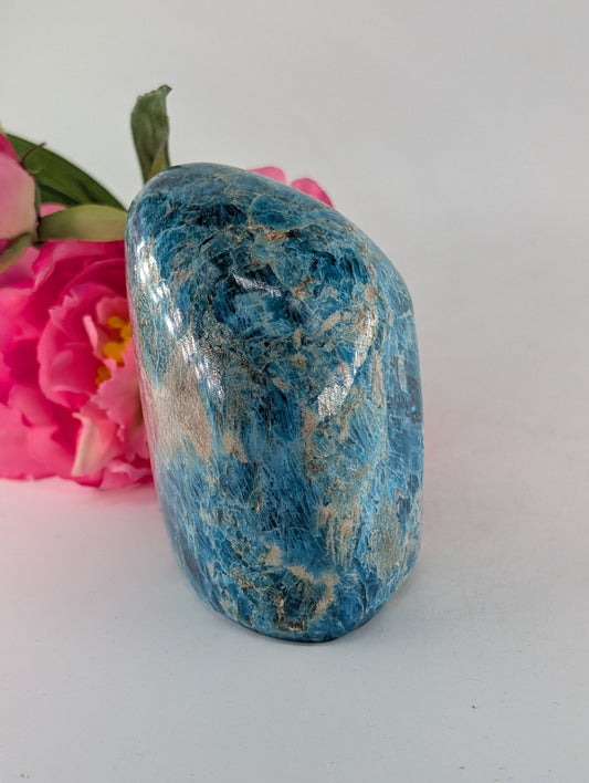 Polished Apatite Freeform 1247G Copy featuring teal-blue tone and crystalline depth - Positive Faith Hope Love