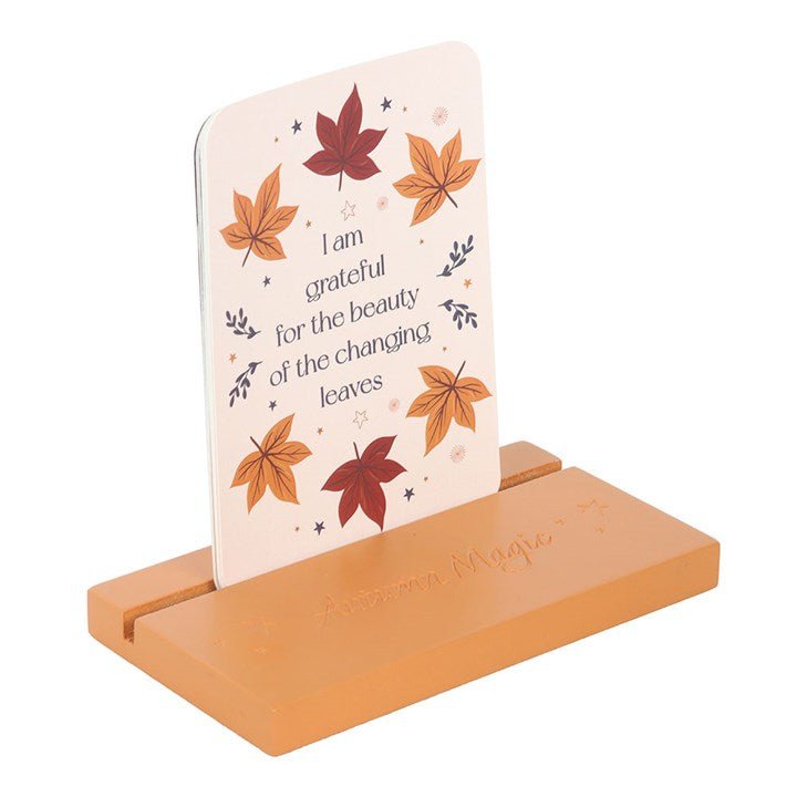 Polished Autumn Magic Affirmation Cards With Wooden Stand featuring natural patterning and unique variations - Positive Faith Hope Love