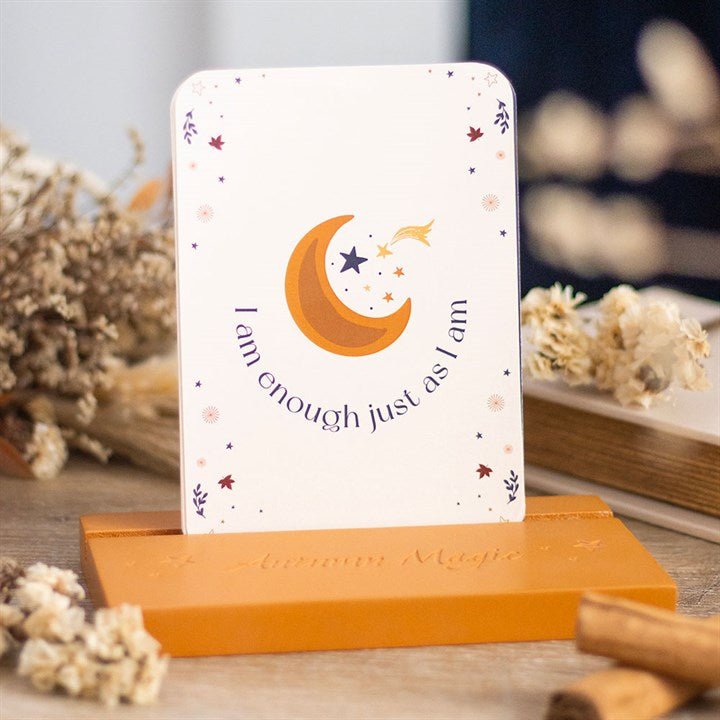 Polished Autumn Magic Affirmation Cards with Wooden Stand featuring natural patterning and unique variations - Positive Faith Hope Love