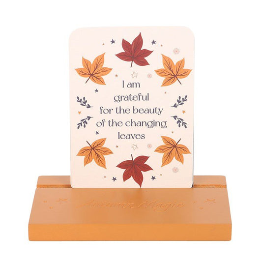 Polished Autumn Magic Affirmation Cards With Wooden Stand featuring natural patterning and unique variations - Positive Faith Hope Love